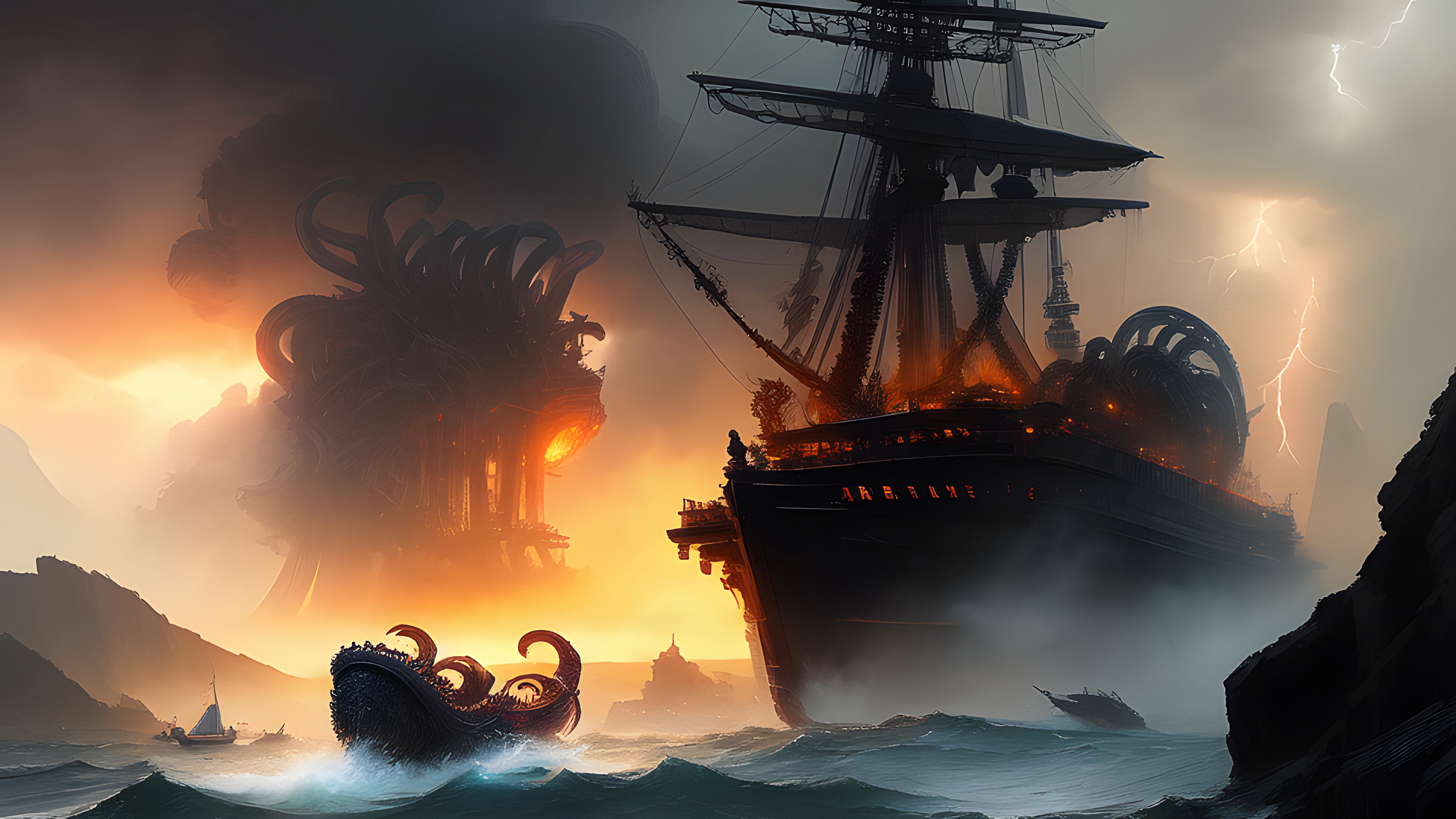 Stable Diffusion 4K Ai Art Ship Ocean Battle Creature Digital Art Illustration Water 3840x2160
