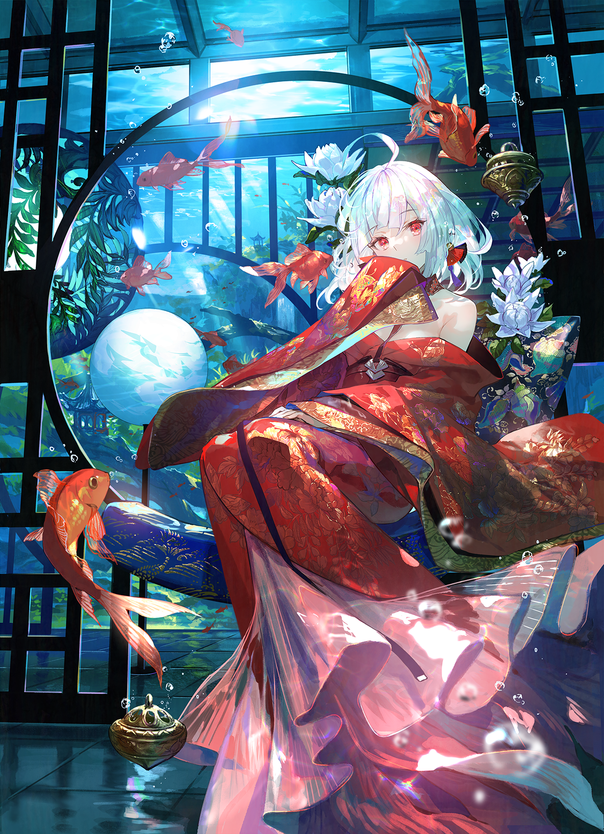Anime Anime Girls Portrait Display Fish Animals Short Hair Looking At Viewer Sunlight Water Bubbles  1231x1700