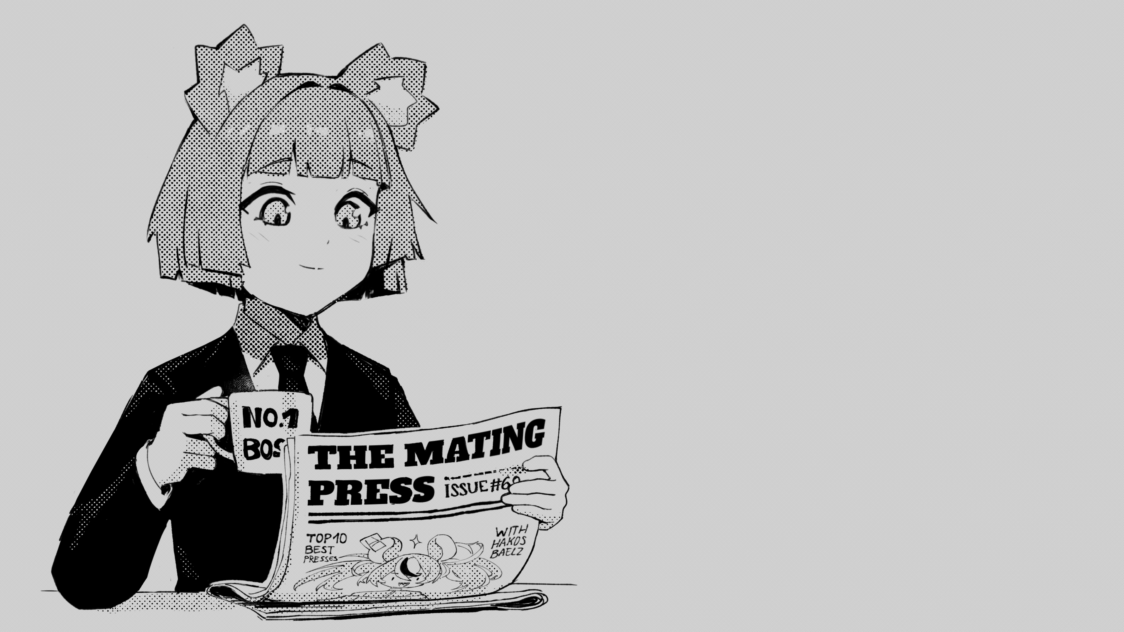Newspapers Coffee Cup Short Hair Blunt Bangs Gray Background Bangs Reading Animal Ears Suit And Tie  3840x2160