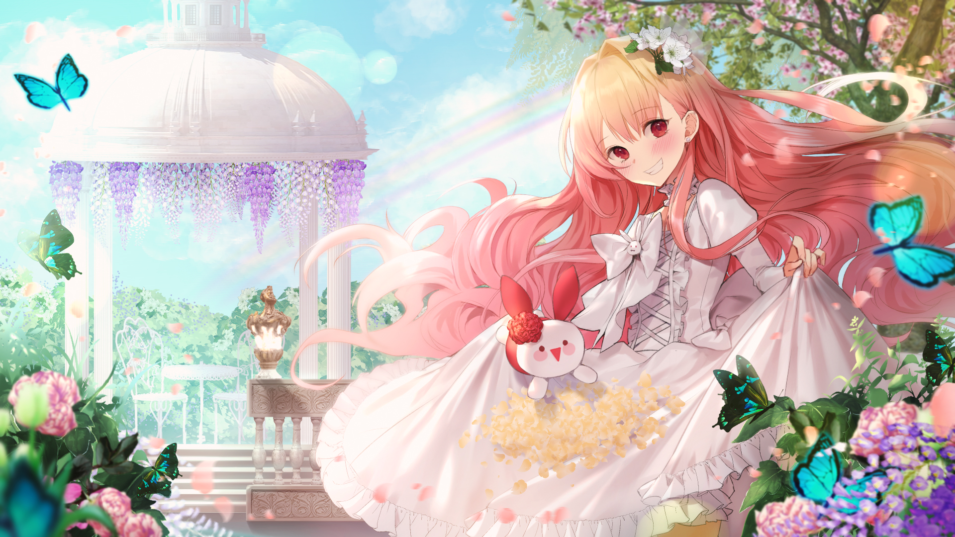 Anime Anime Girls Long Hair Butterfly Looking At Viewer Blushing Lifting Dress Flowers Insect Smilin 1920x1080