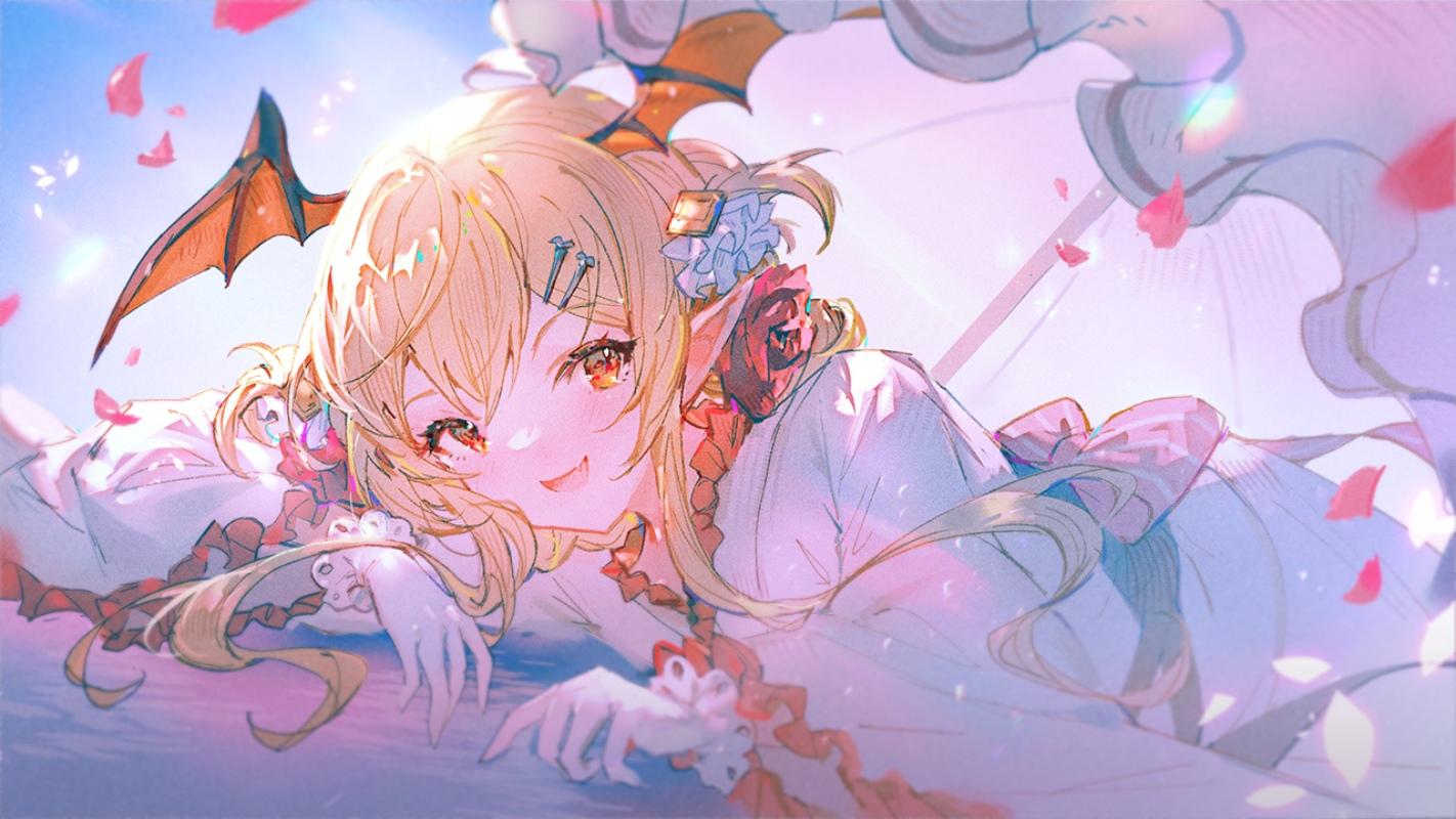 Anime Anime Girls Blonde Pointy Ears Yellow Eyes Wings Looking At Viewer Blushing Lying Down Lying O 1422x800