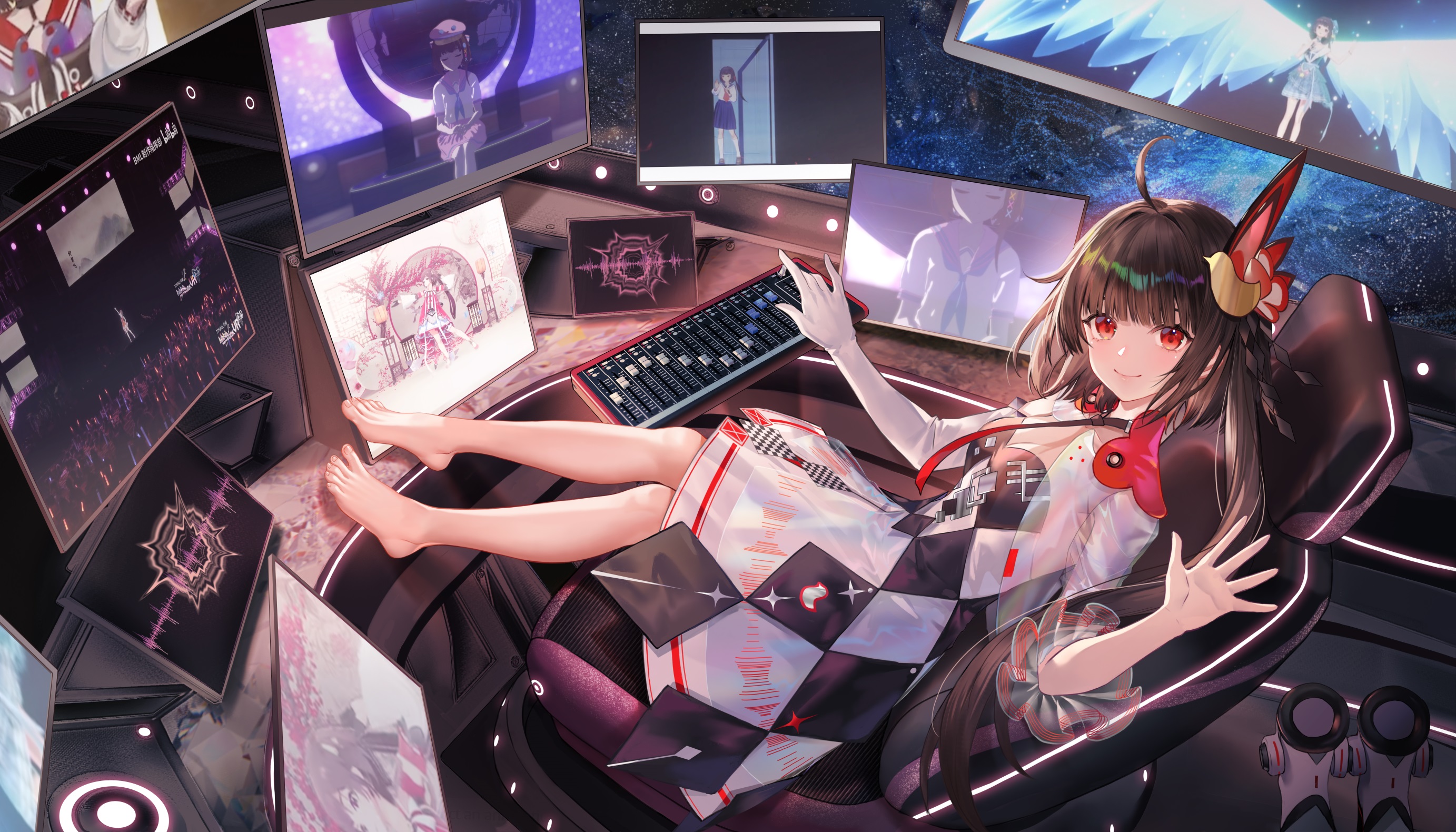 Anime Pixiv Criin Anime Girls Lingyuan Waving Looking At Viewer Technology Computer Sitting Gaming C 2765x1580