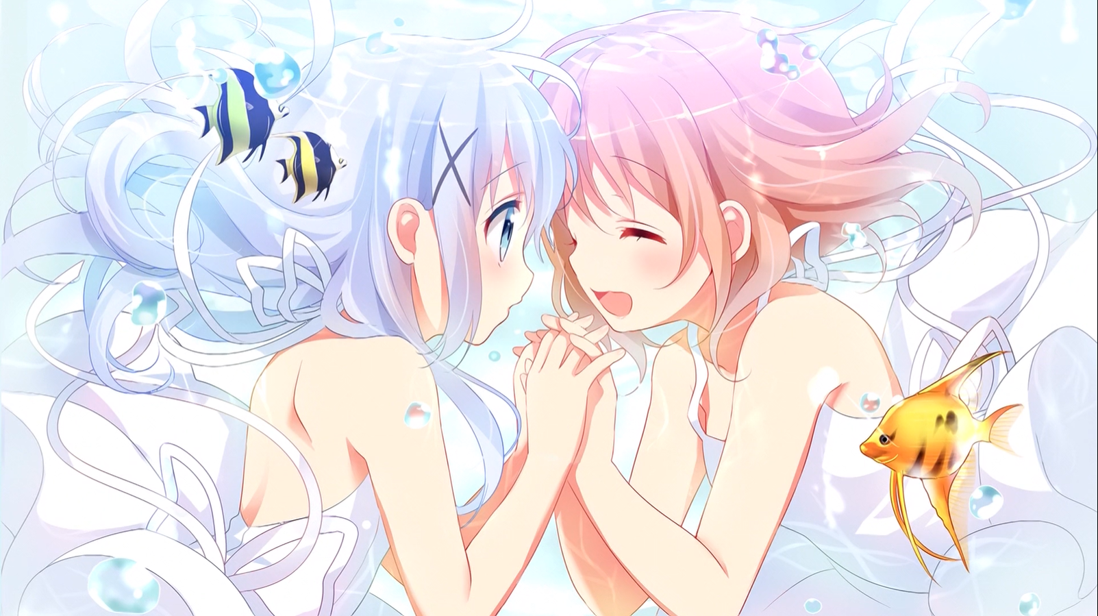 Anime Anime Girls Gochuumon Wa Usagi Desu Ka Long Hair Fish Water Dress Animals Blushing Holding Han 1603x899