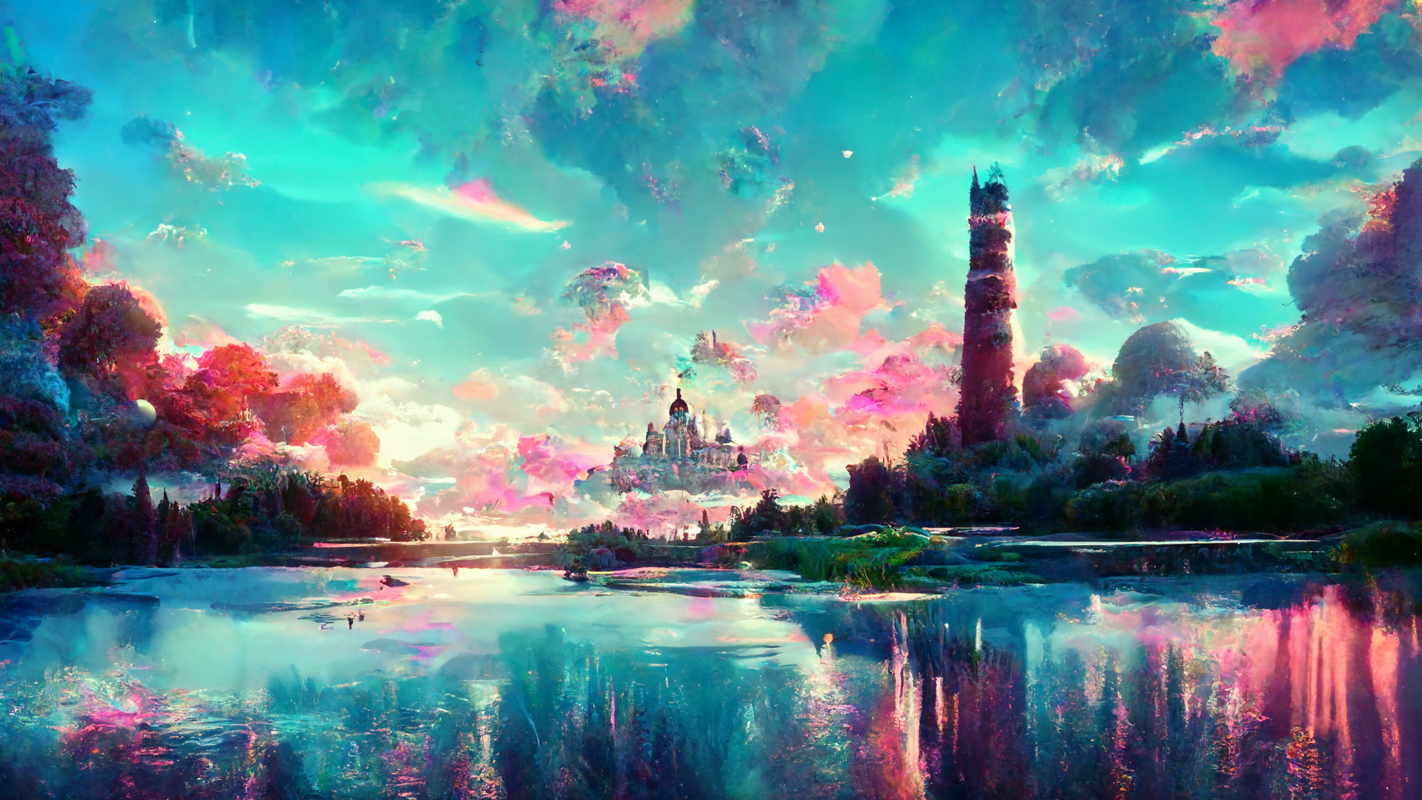 Fantasy Castle Lighthouse Lake Clouds Sky Neon Vaporwave Forest Ai 2048x1152