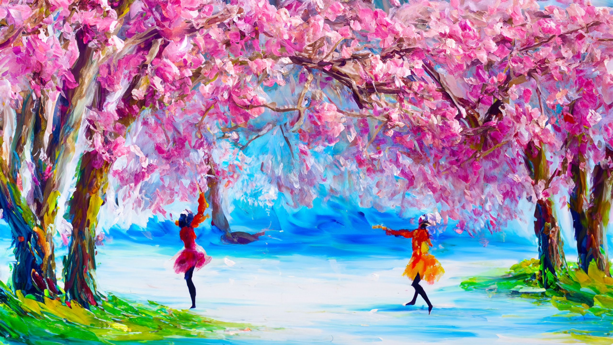 Oil Painting Landscape Blossoms Cherry Blossom Dancing Trees Flowers Artwork 2560x1440