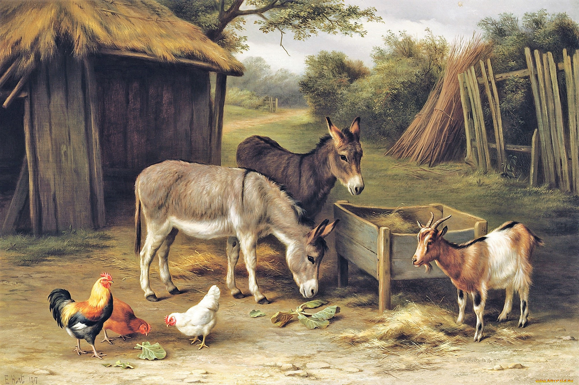 Artwork Painting Animals Goats Donkey Chickens 1997x1327
