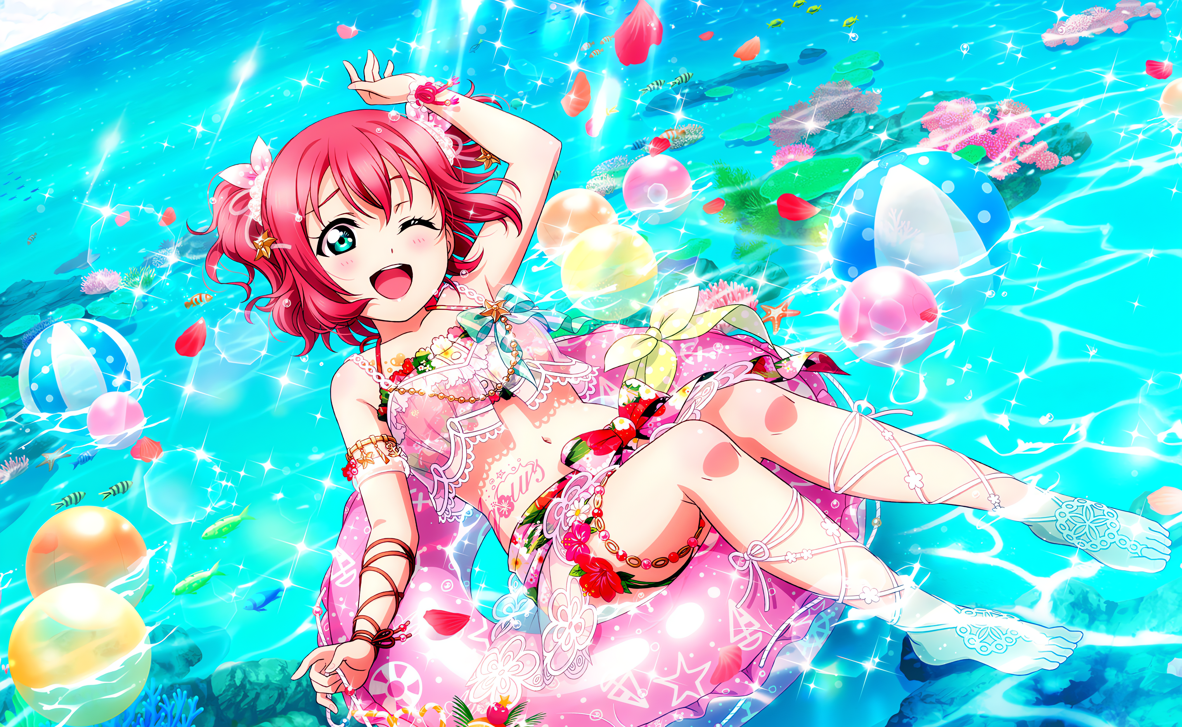 Kurosawa Ruby Love Live Love Live Sunshine Anime Anime Girls Floater Beach Ball Petals Water One Eye 4096x2520