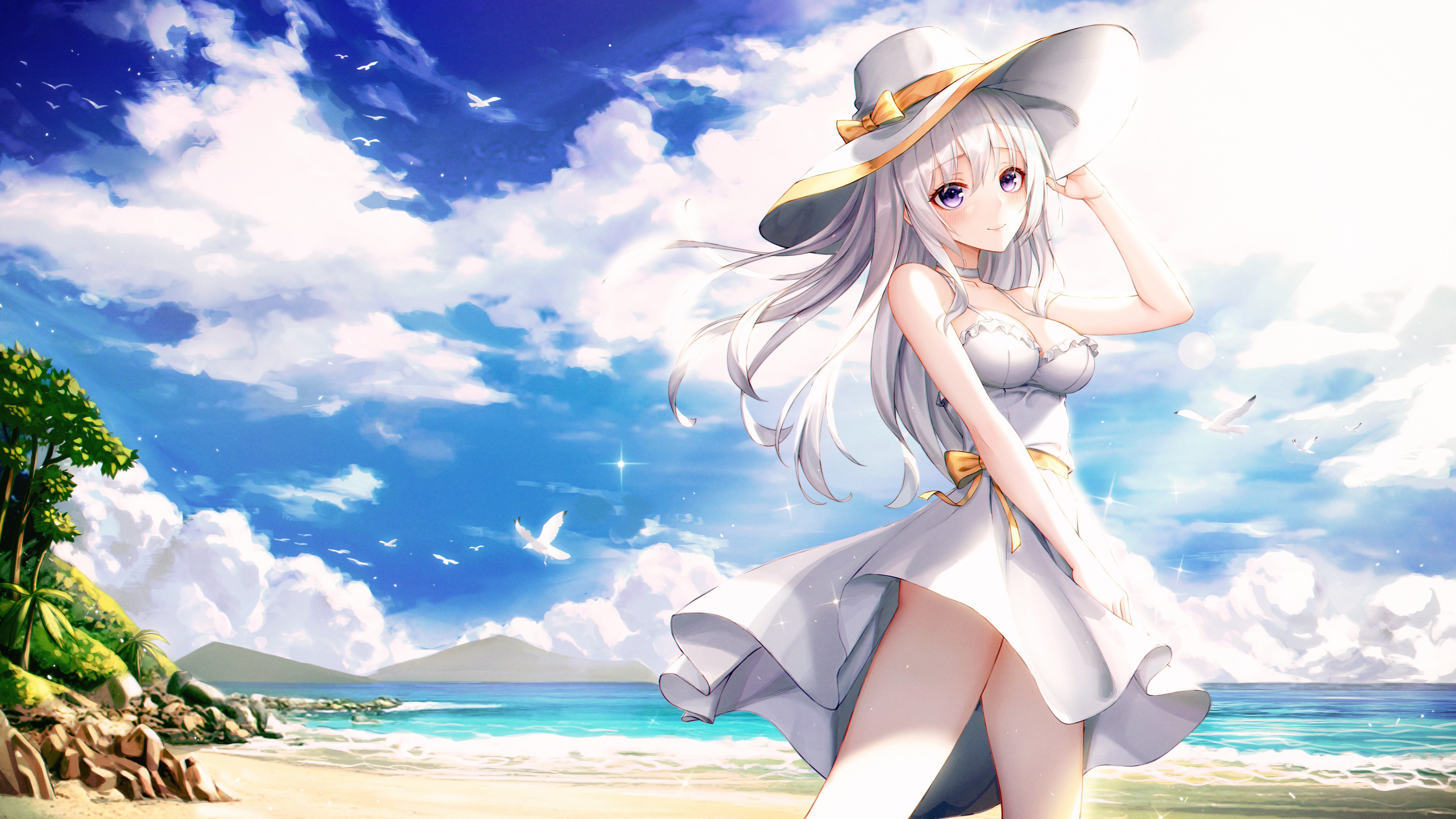 Anime Anime Girls Hat Dress Clouds Blue Eyes Silver Hair Birds Sky 7000x3938