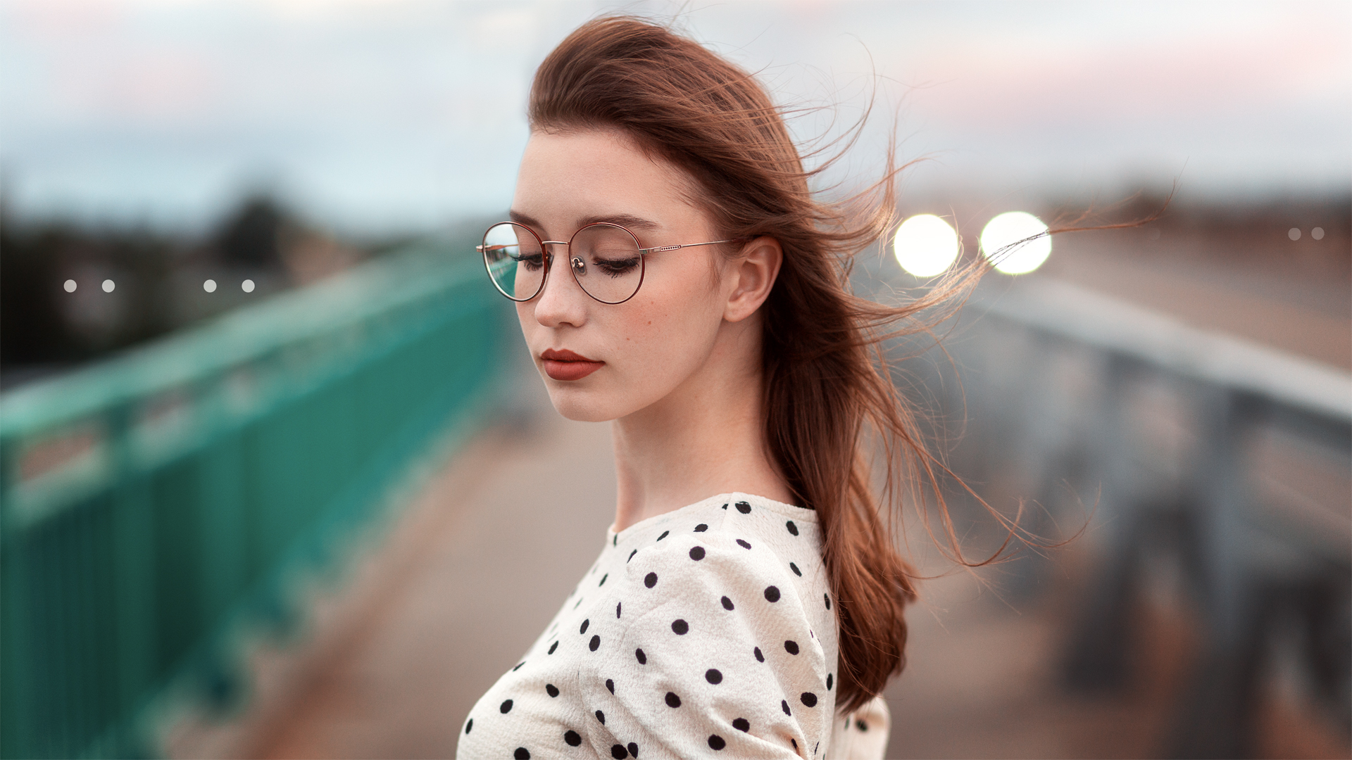 Renat Fotov Women Redhead Long Hair Wind Glasses Blush Lipstick Makeup Dots Bridge Depth Of Field Po 1920x1080