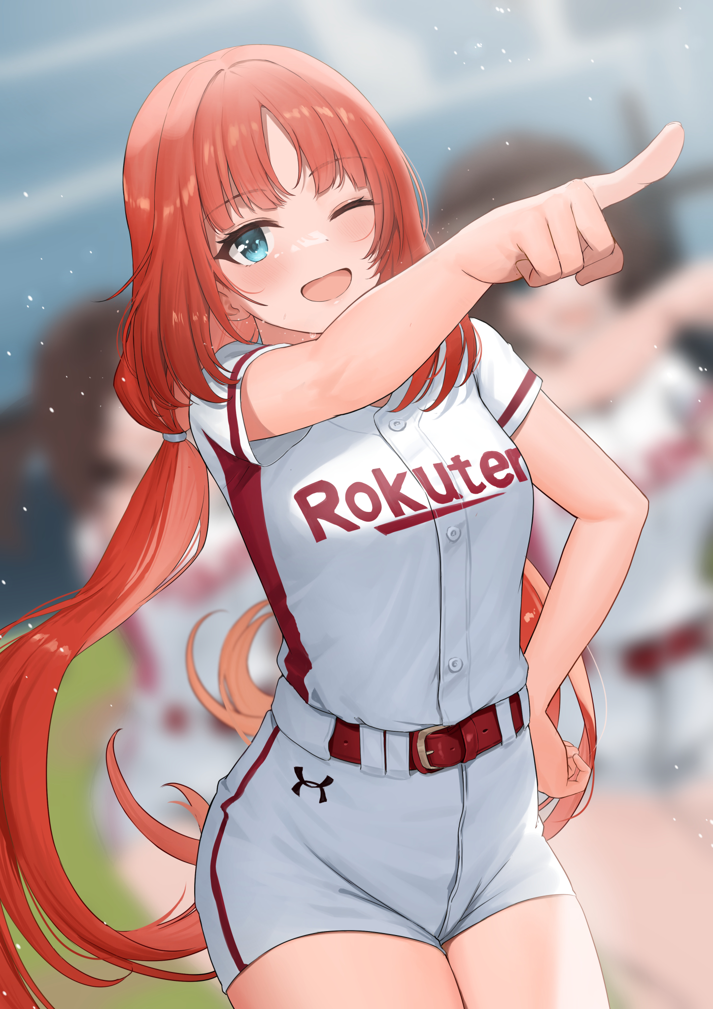 Anime Pixiv Anime Girls Long Hair One Eye Closed Standing Finger Pointing Redhead Looking At Viewer  1447x2046