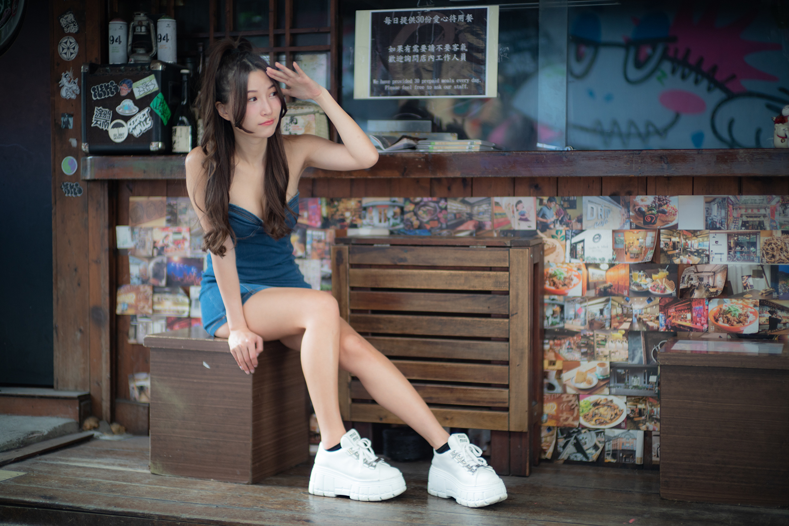 Asian Model Women Long Hair Dark Hair Ponytail Sitting Socks Black Socks Short Socks Shoes White Sho 2560x1707