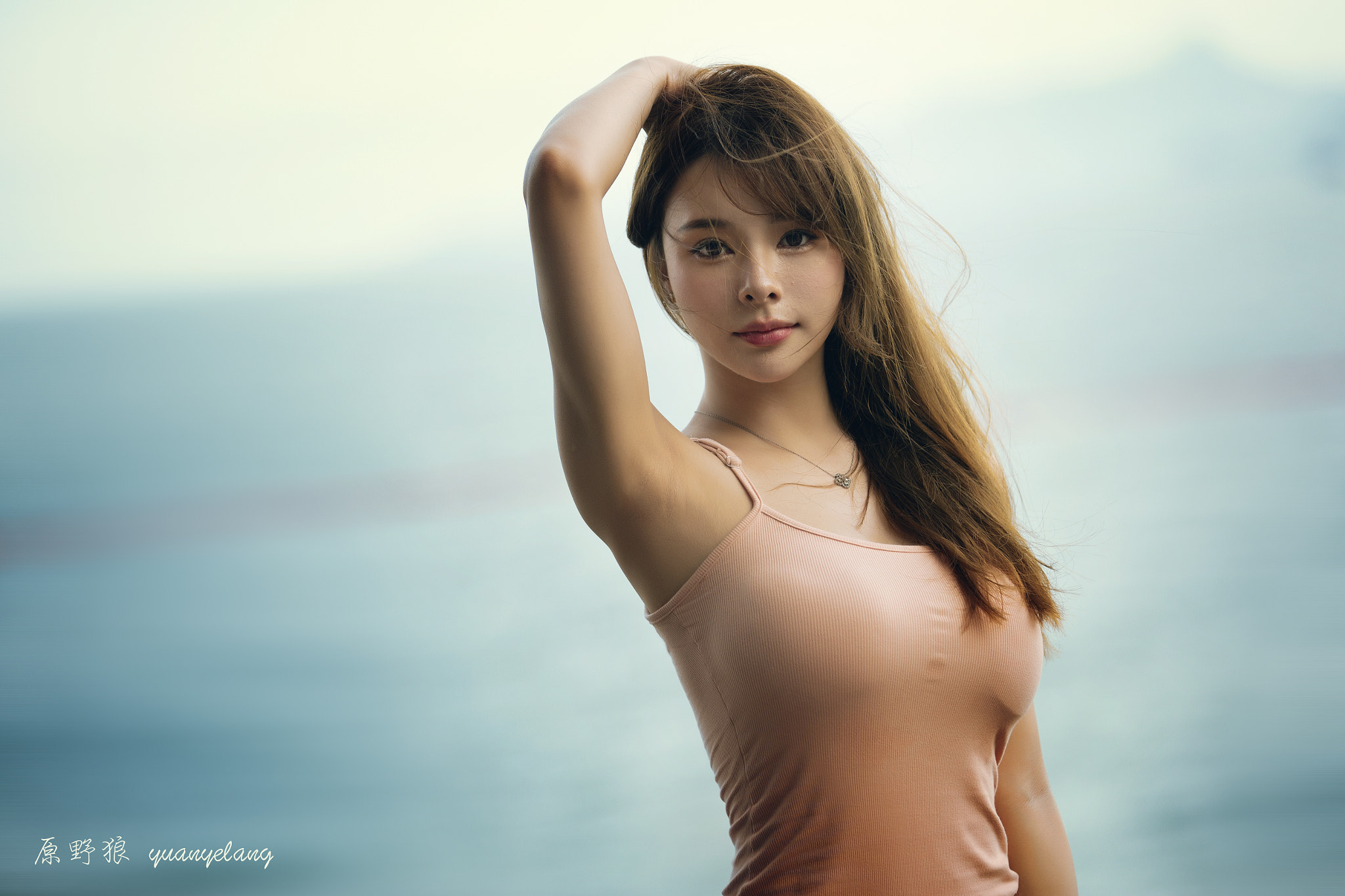 Yuan Yelang Women Asian Brunette Wind Pink Clothing Sky Cyan Background Portrait 2048x1365
