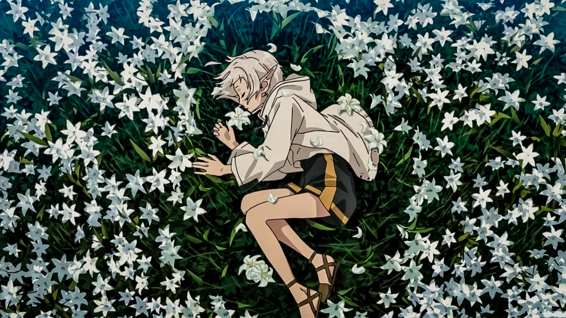 Sylphiette Mushoku Tensei Flowers White Hair Elf Dragons Crown Anime Girls Pointy Ears Grass Lying O 1920x1080