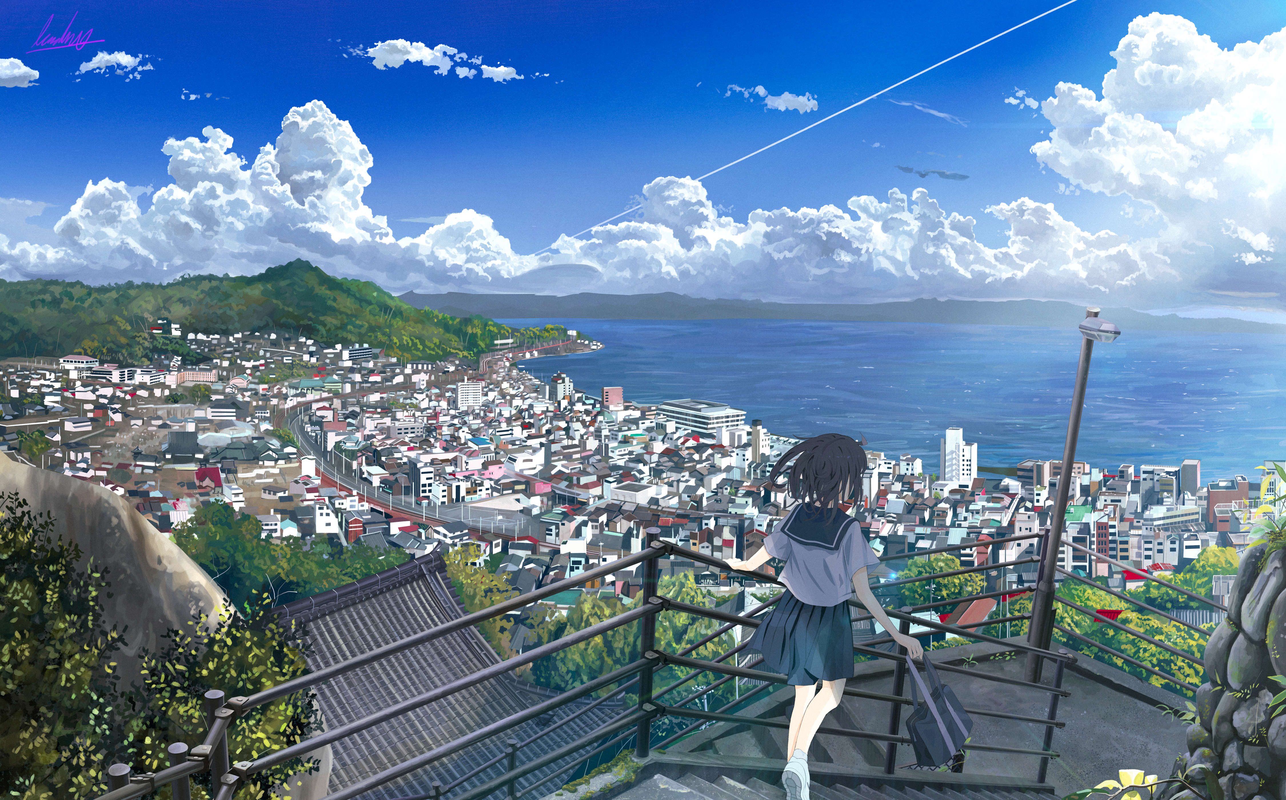 Panorama City Anime Anime Sky Clouds Cityscape Anime Girls Women Outdoors Stairs Skirt Dark Hair Wat 4500x2800