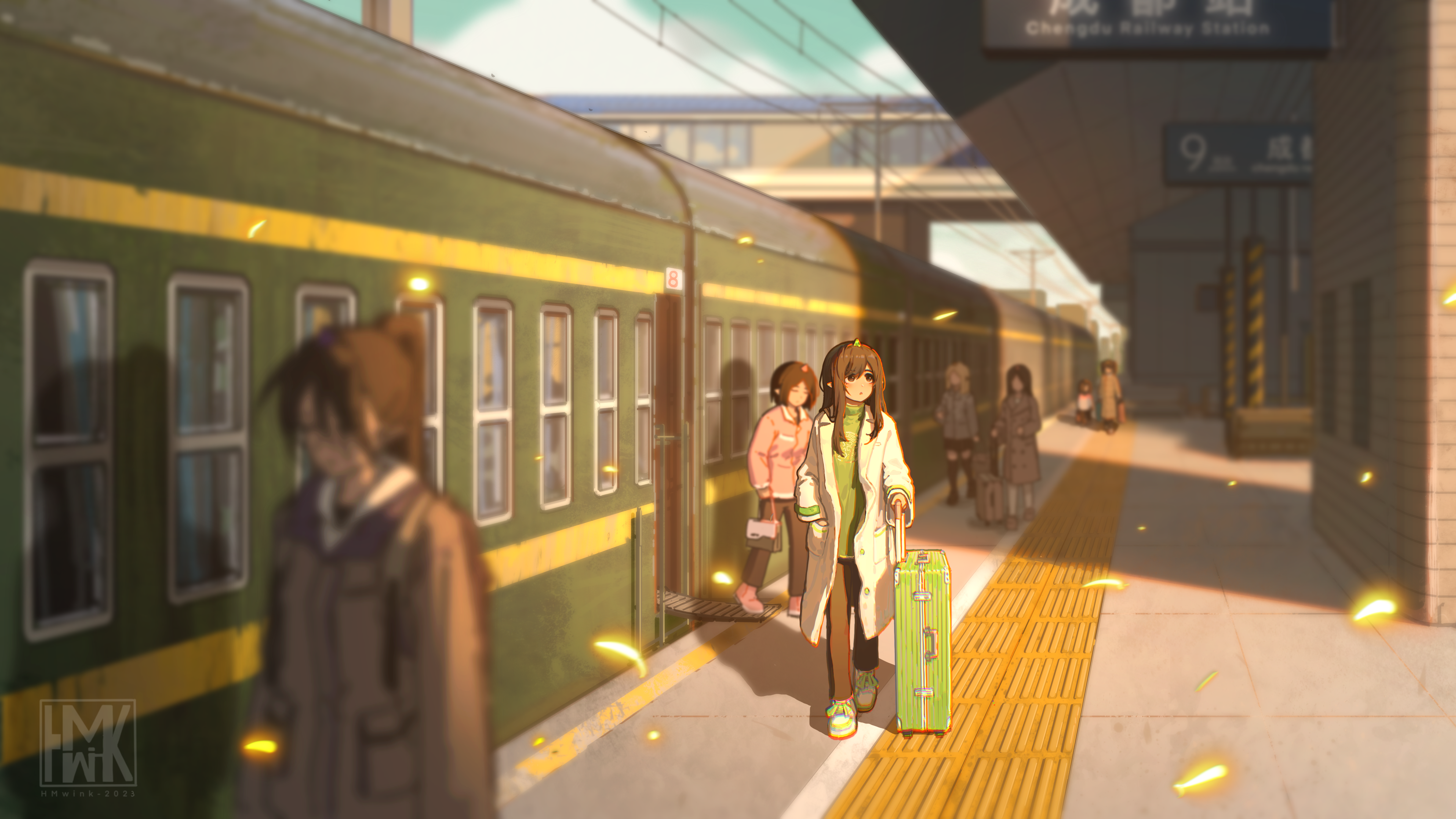 Hua Ming Wink Anime Girls Digital Art Artwork Petals Pointy Ears Walking Train Train Station Looking 4768x2683