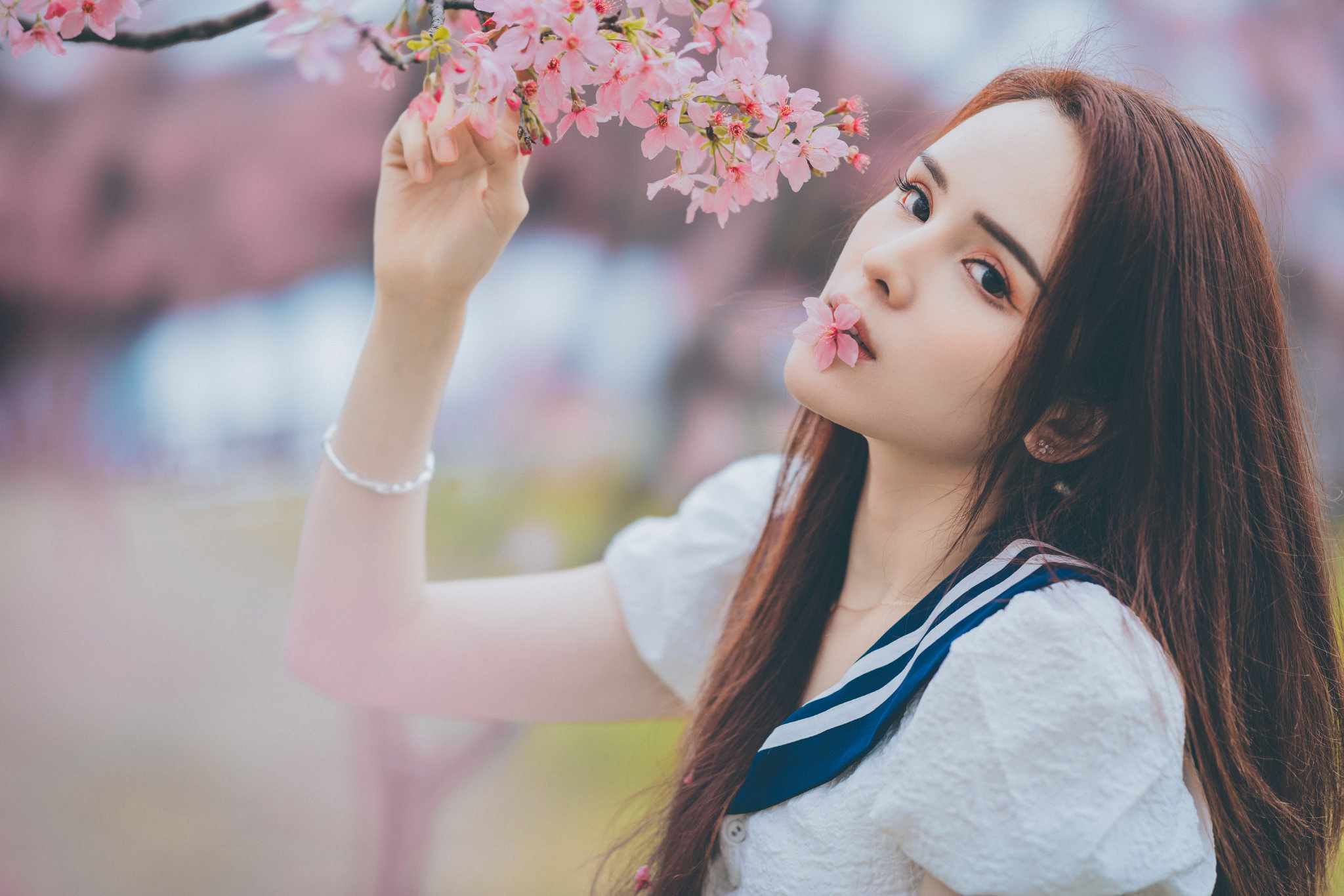 Qin Xiaoqiang Women Asian Redhead Long Hair Flower In Mouth Flowers Casual Pink Portrait 2048x1366