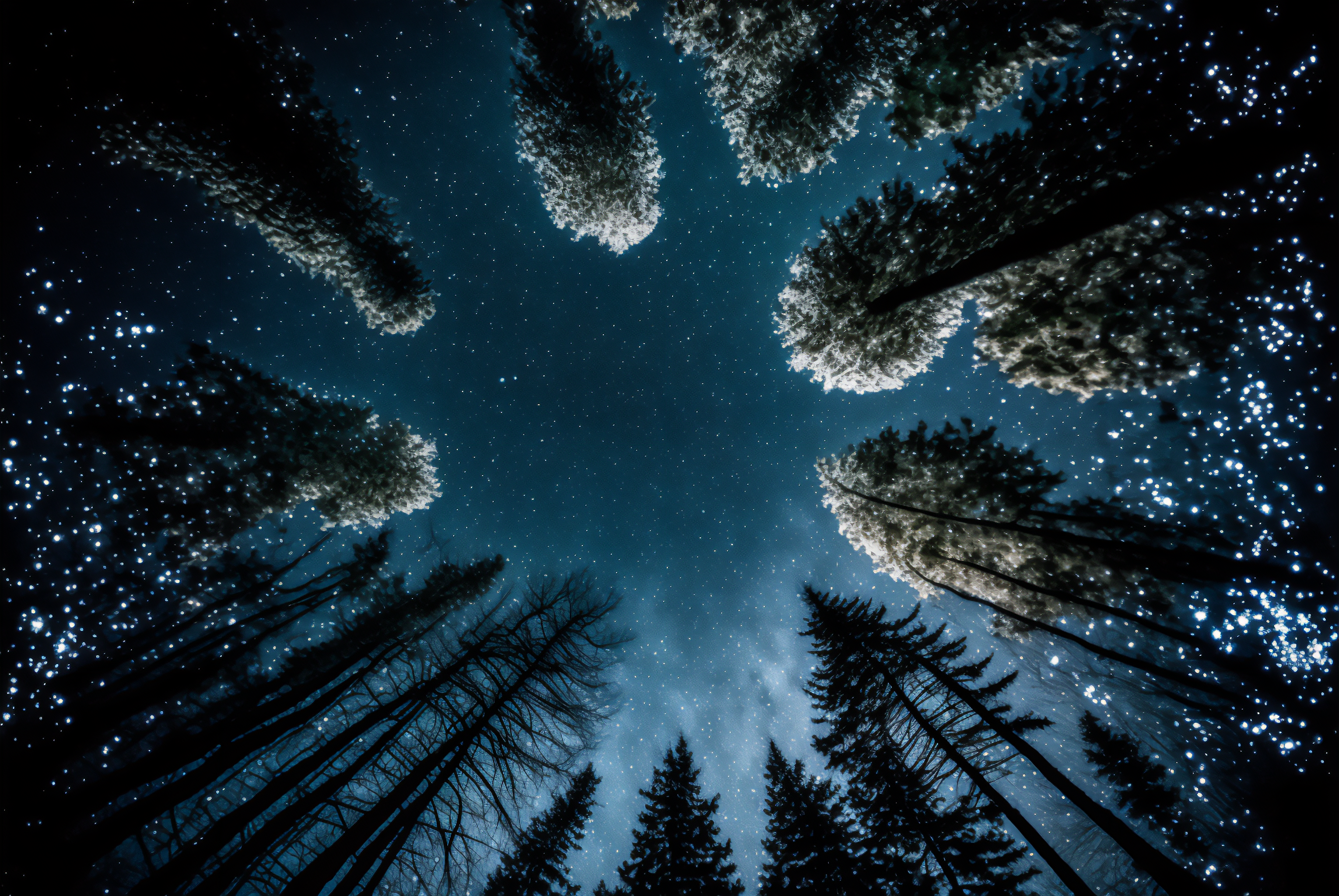 Ai Art Winter Snow Trees Night Sky Worms Eye View Nature Stars Starry Night Night 3060x2048