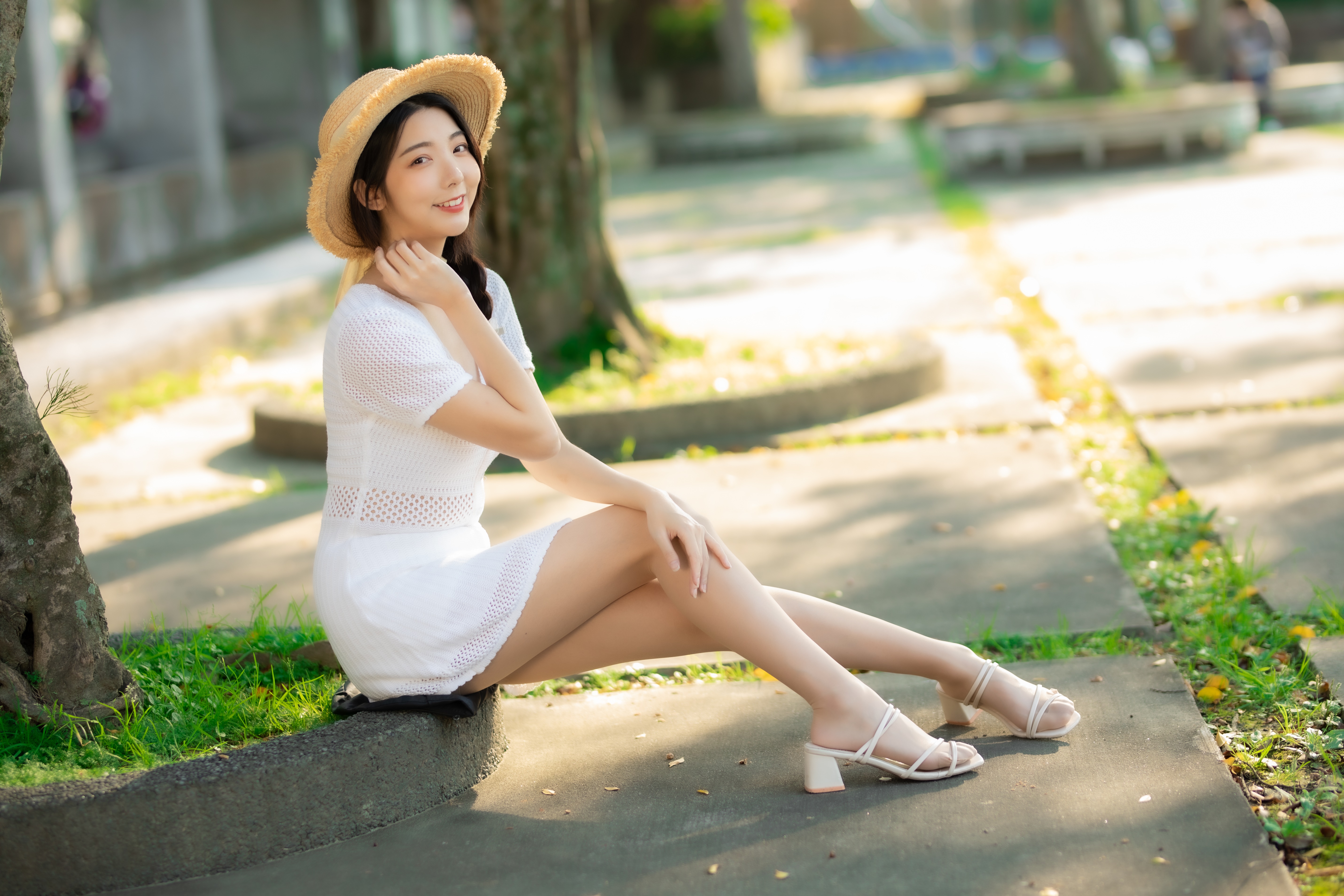 Asian Model Women Long Hair Dark Hair Sitting White Dress Straw Hat Grass Nylons Sandals Trees Depth 5720x3813