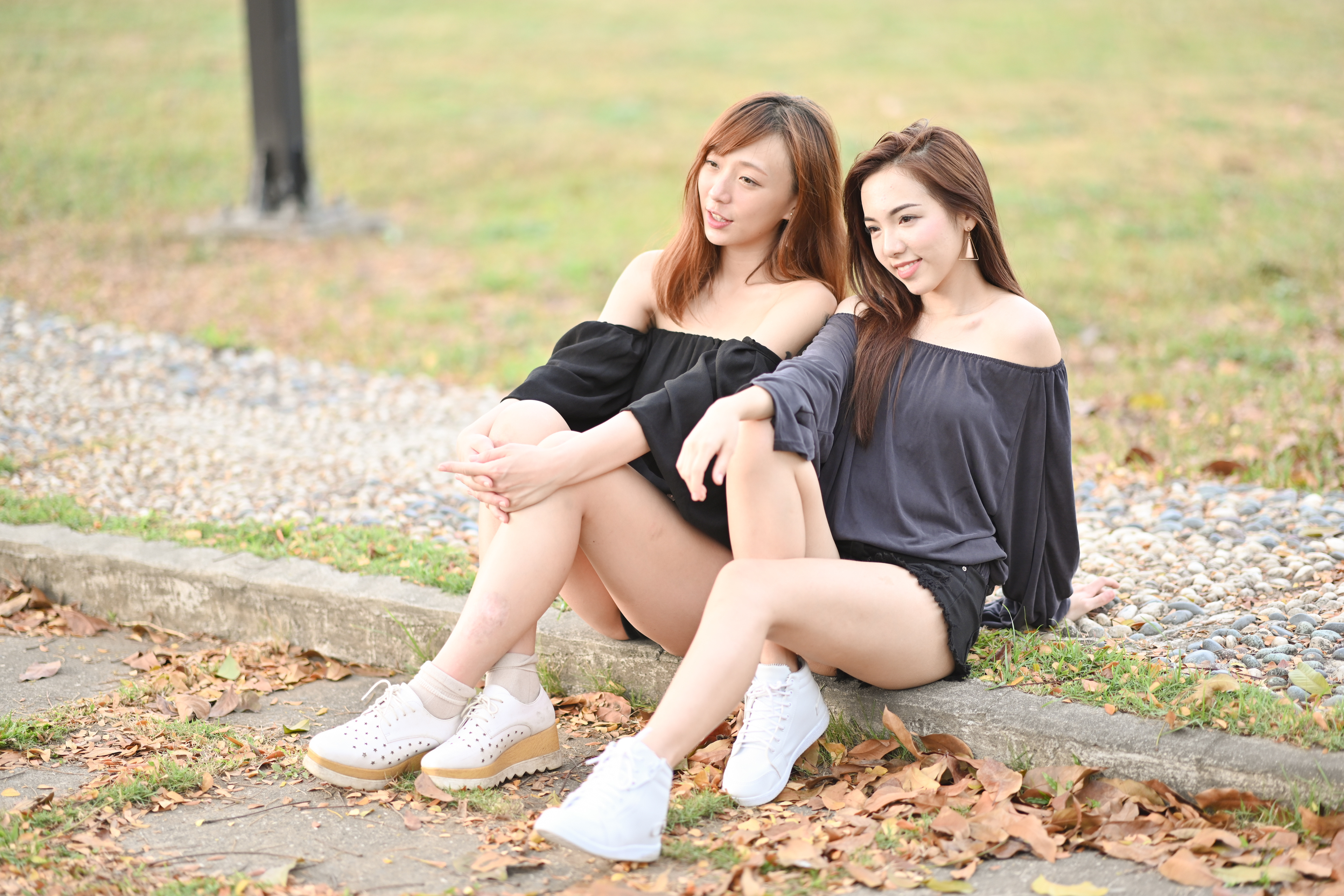 Asian Model Women Long Hair Dark Hair Sitting Socks Tan Socks Short Socks Shoes White Shoes Sneakers 3840x2560