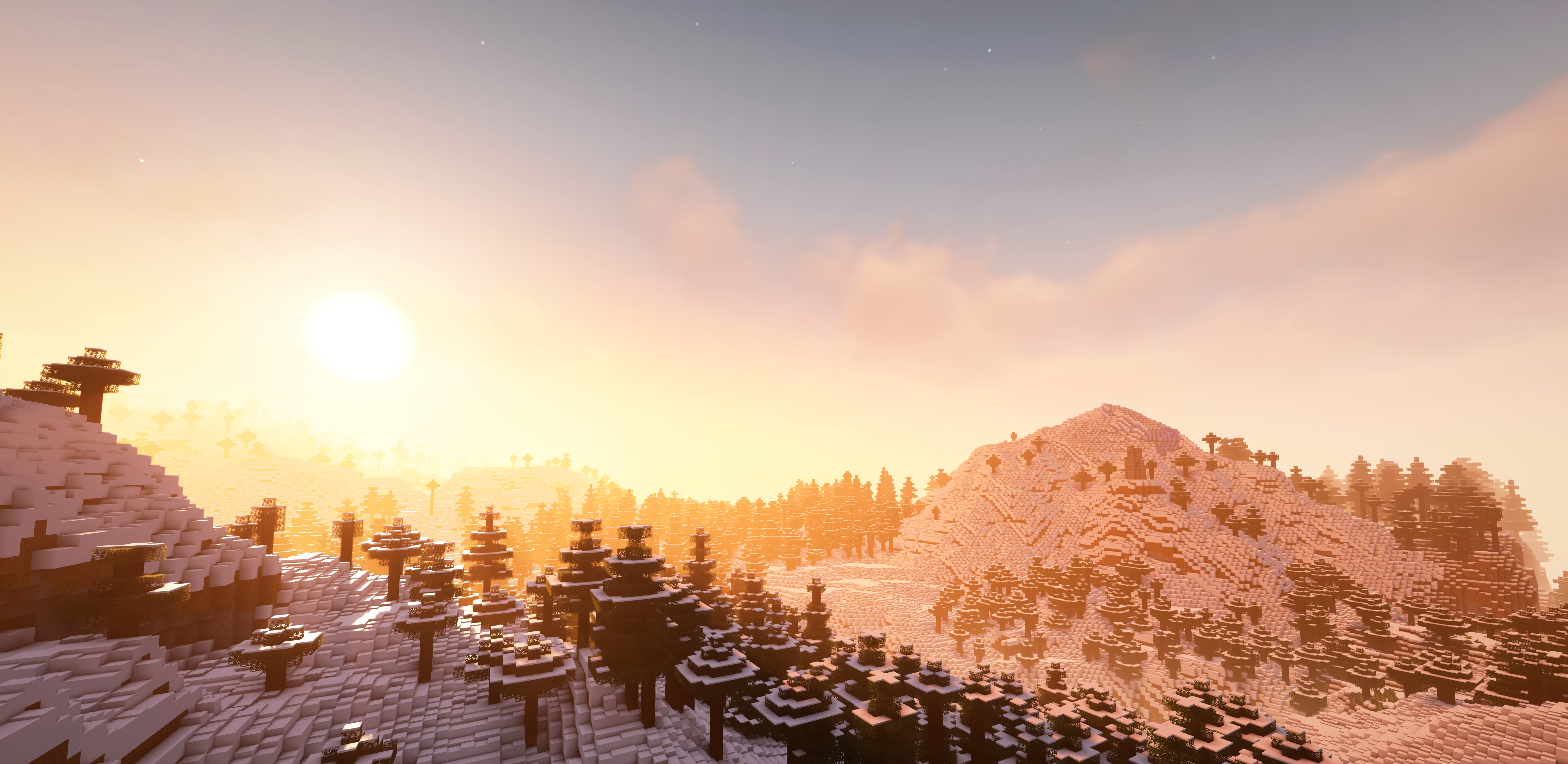 Landscape Minecraft Forest Dusk Sun Sunset Sunset Glow Sunlight Video Games CGi Cube Trees Snow Vide 5120x2495