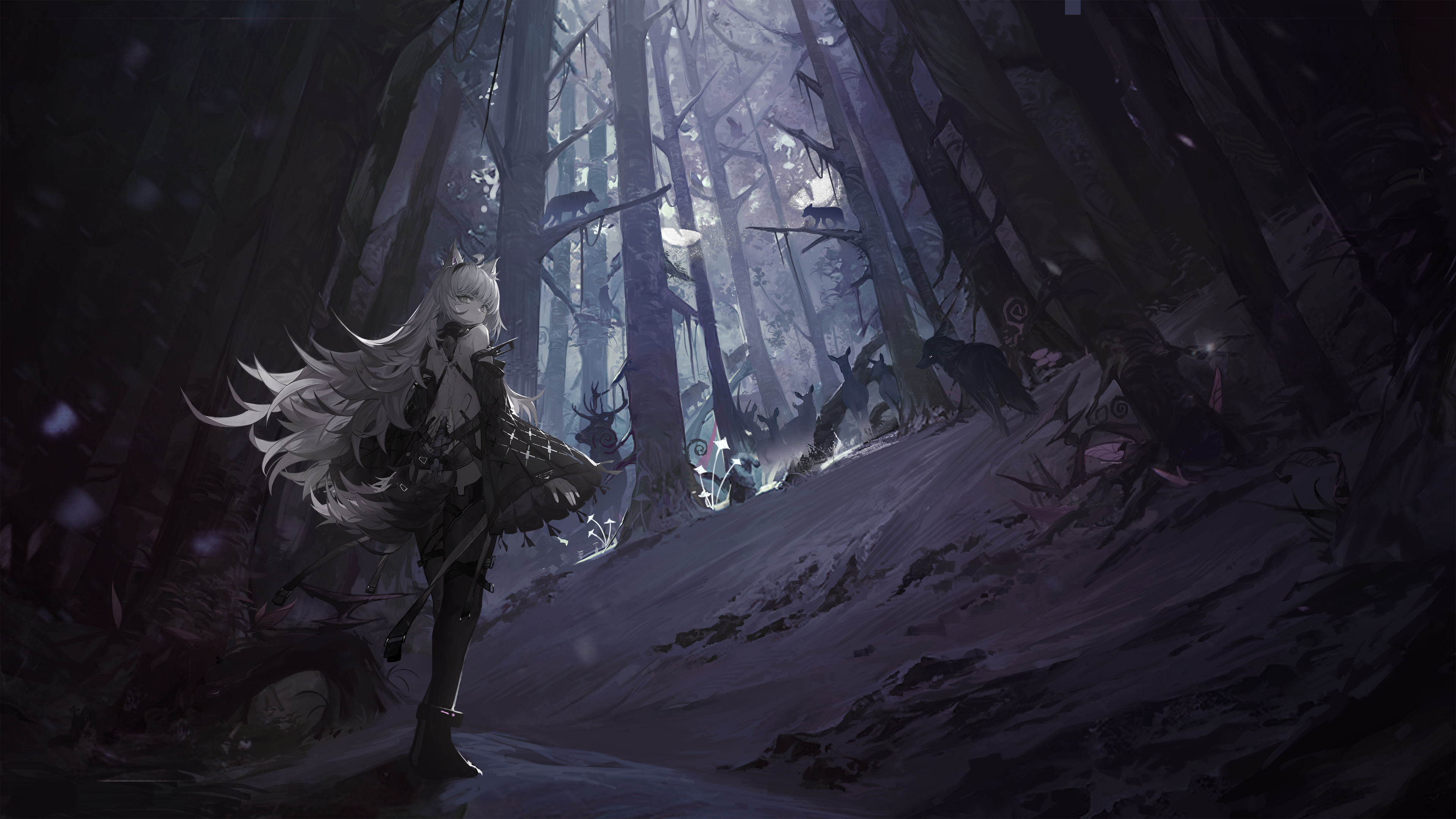 Anime Anime Girls Standing Long Hair Wolf Ears Wolf Tail Wolf Girls Trees Looking At Viewer Forest A 3840x2160