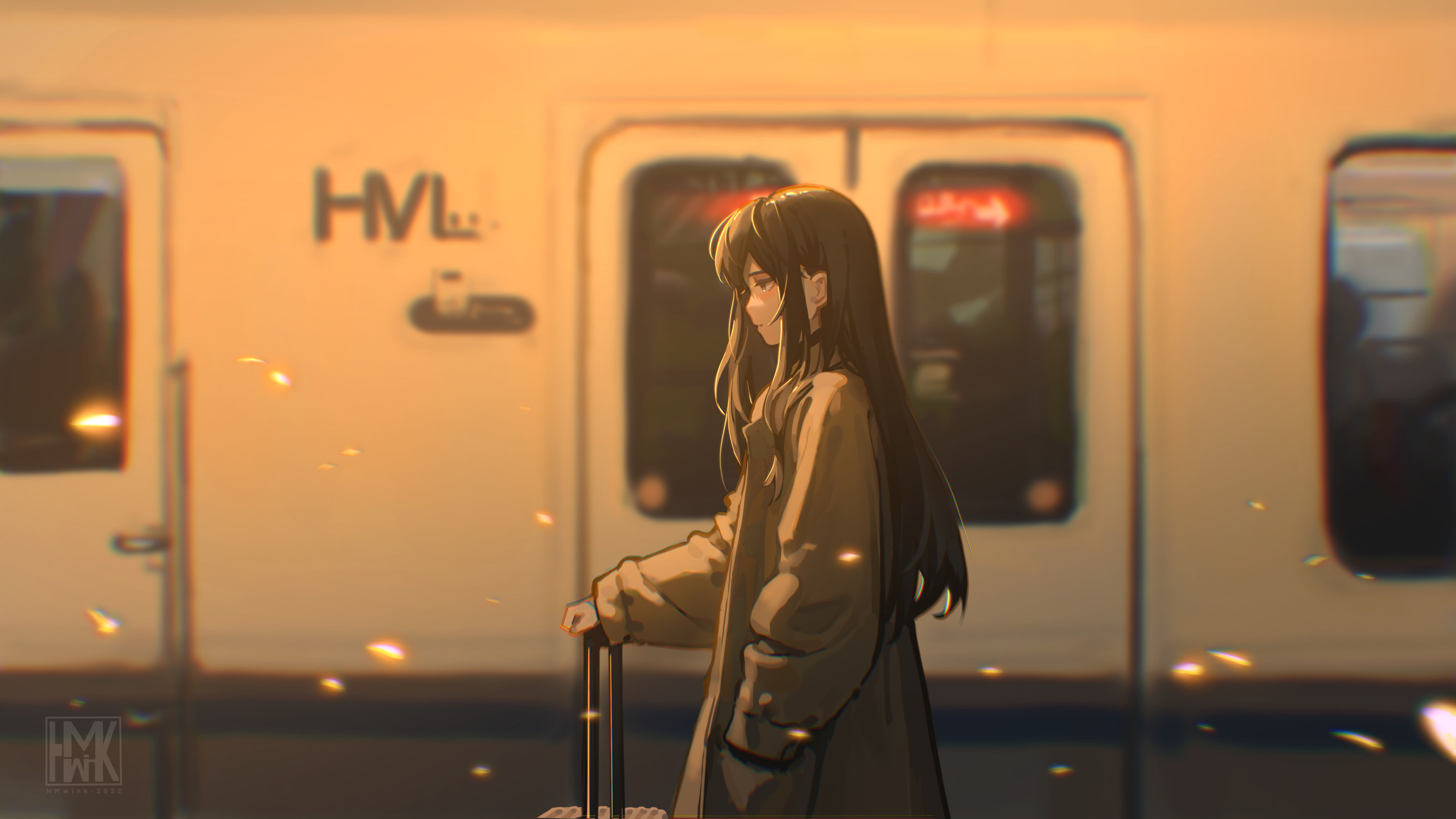Hua Ming Wink Anime Girls Train Station Train Hands In Pockets 5243x2950