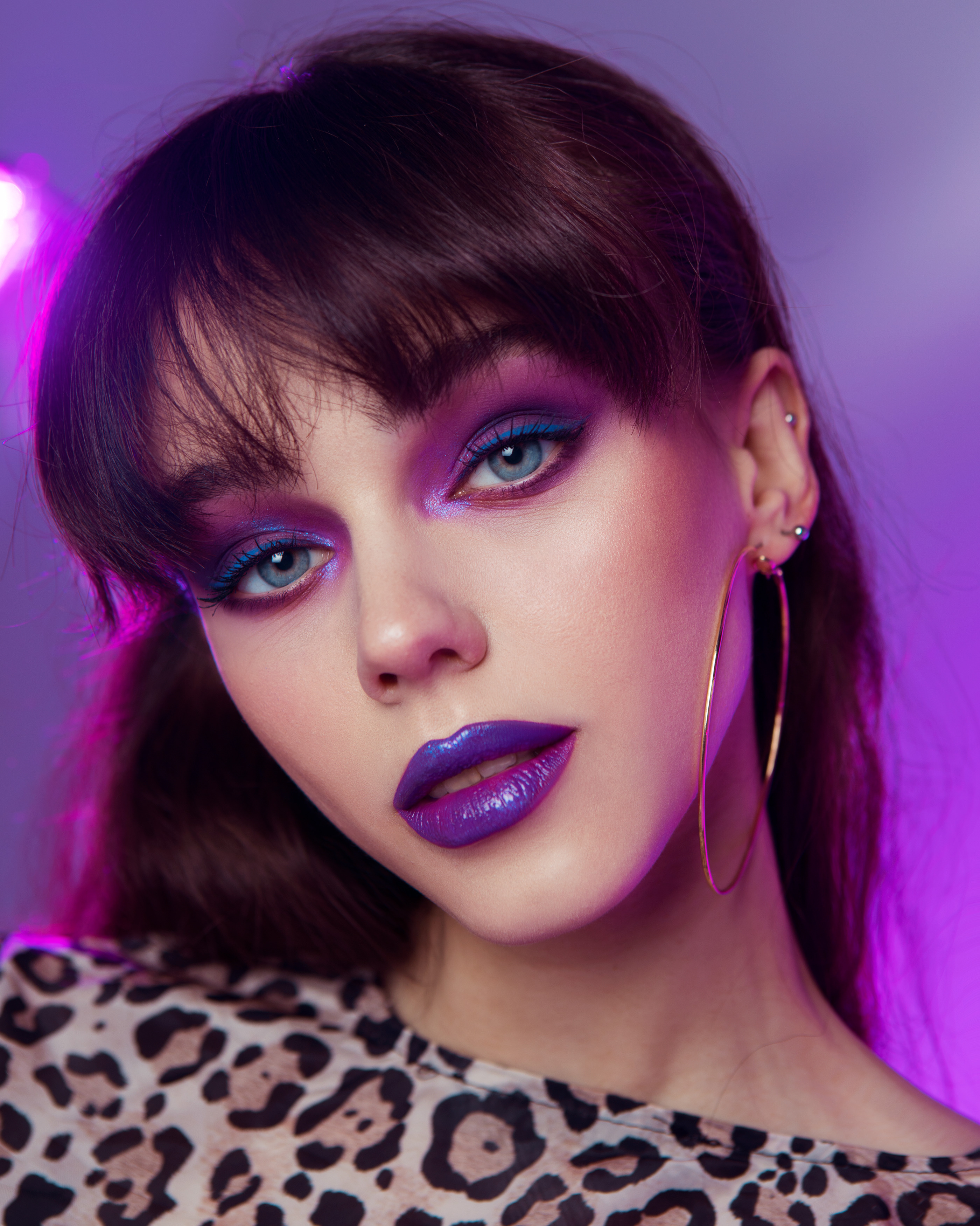 Tim Rise Women Brunette Bangs Makeup Eyeshadow Purple Lipstick Glamour Hoop Earrings Pierced Ear Jew 2800x3500