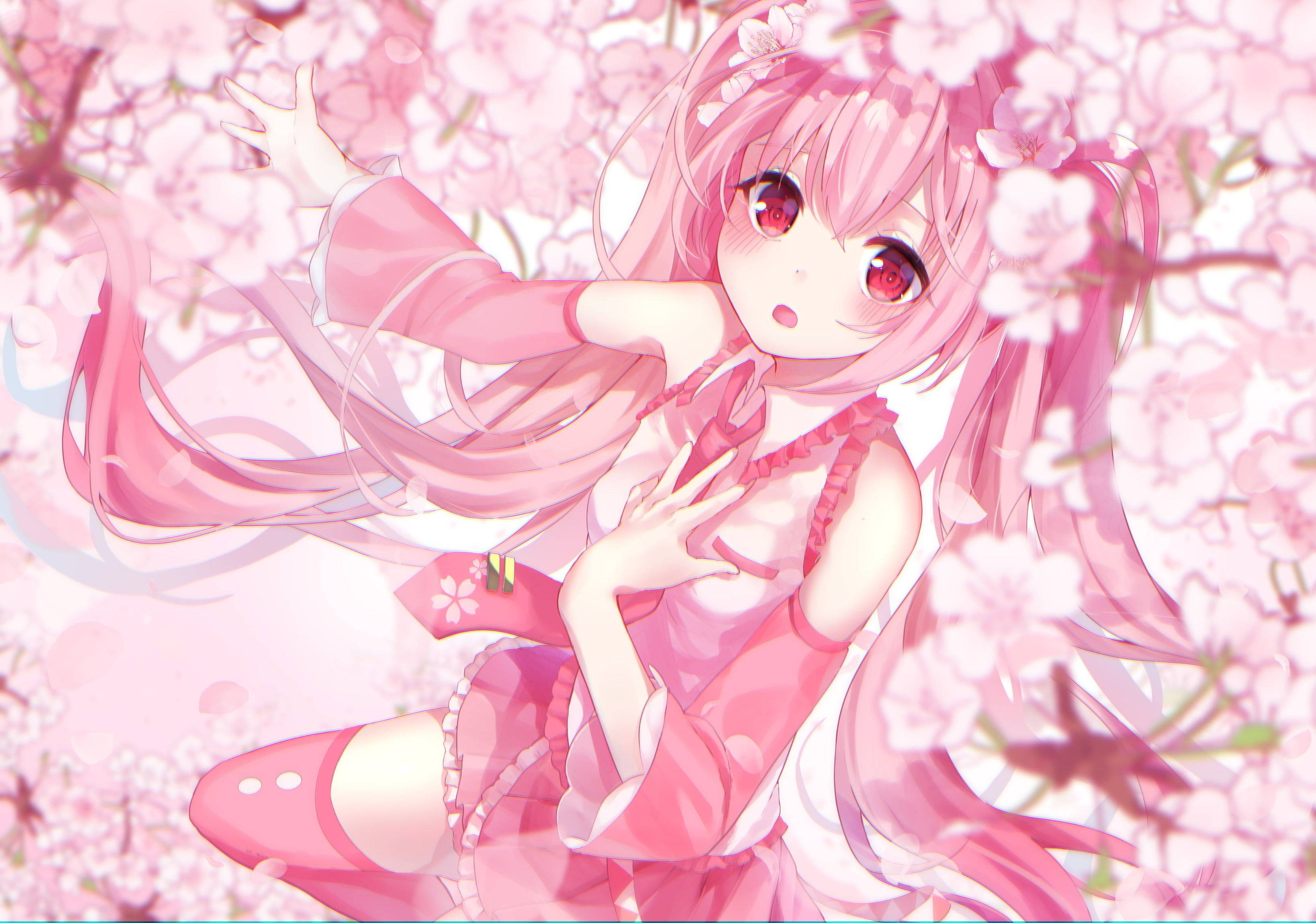 Anime Hatsune Miku Anime Girls Twintails Pink Hair Red Eyes Flowers Sakura Miku Blushing High Angle 3272x2296