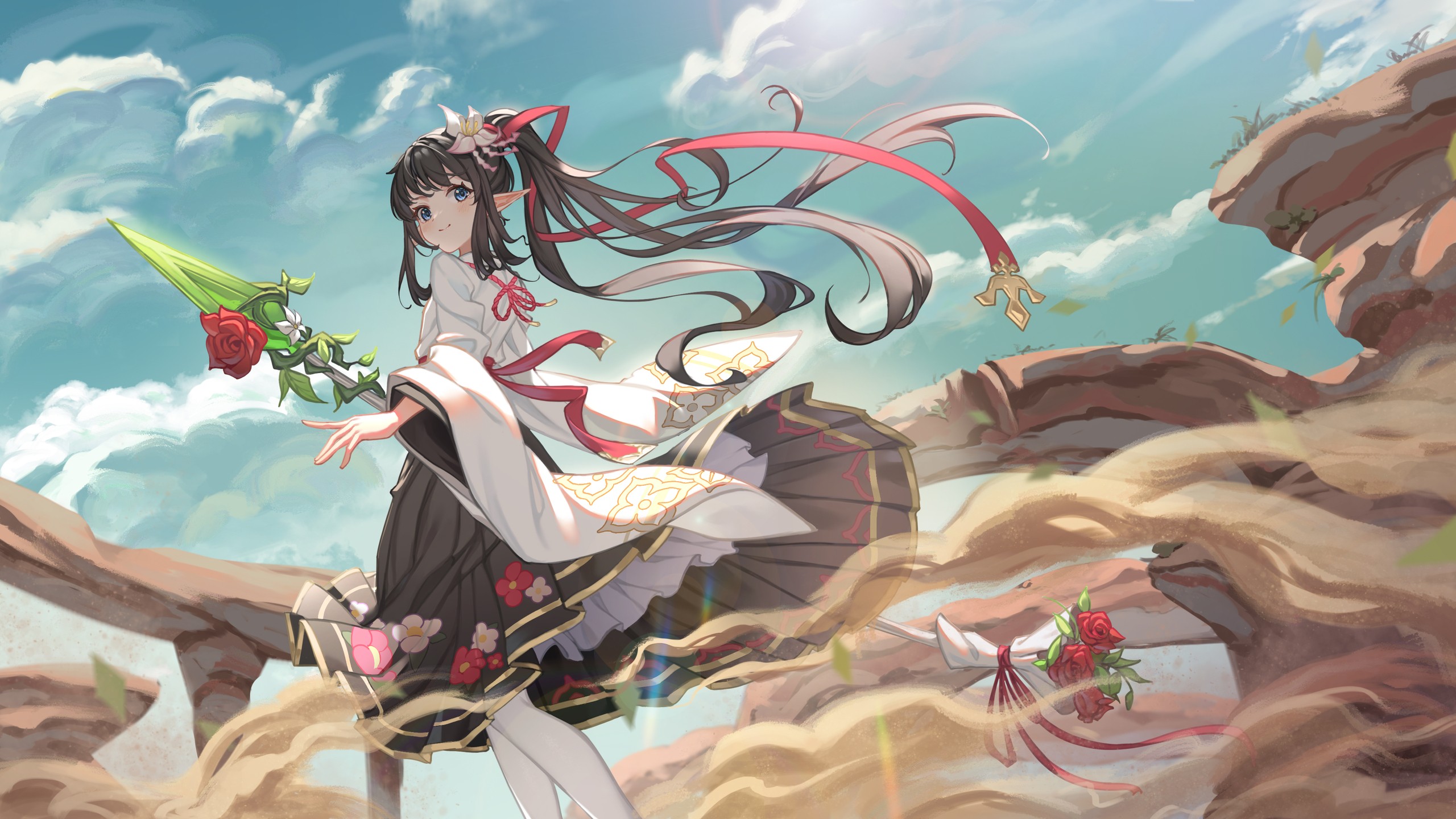 Anime Anime Girls Pointy Ears Blue Eyes Flowers Lance Weapon Clouds 2560x1440