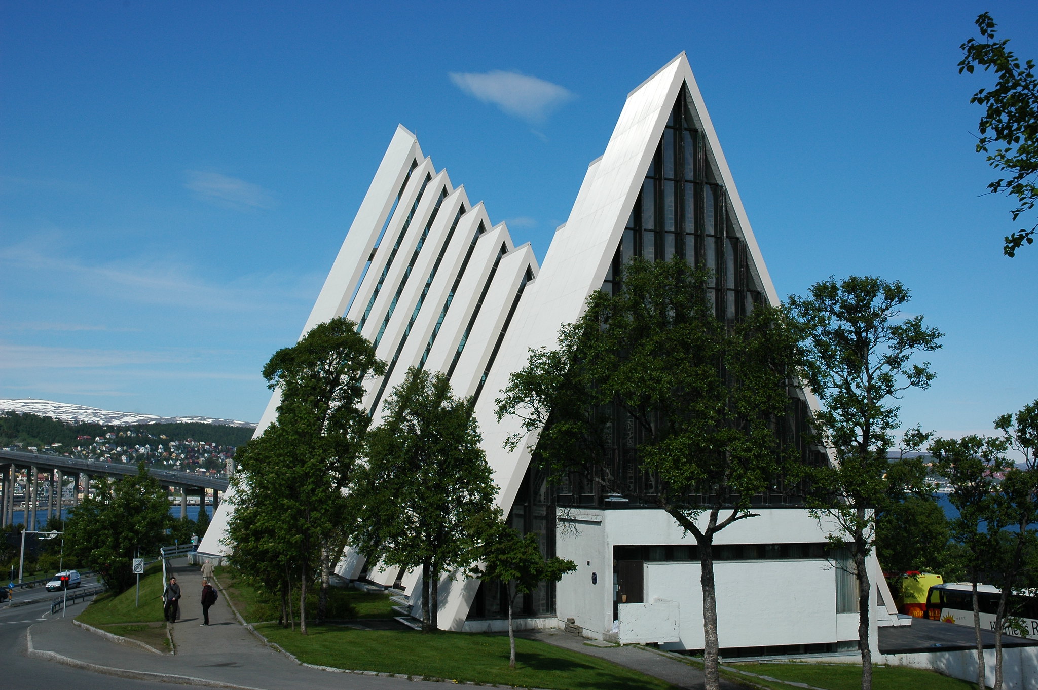 Norway Tromso The Artic Cathedral Architecture Building Sky Clouds Trees Road Bridge Grass 2048x1362
