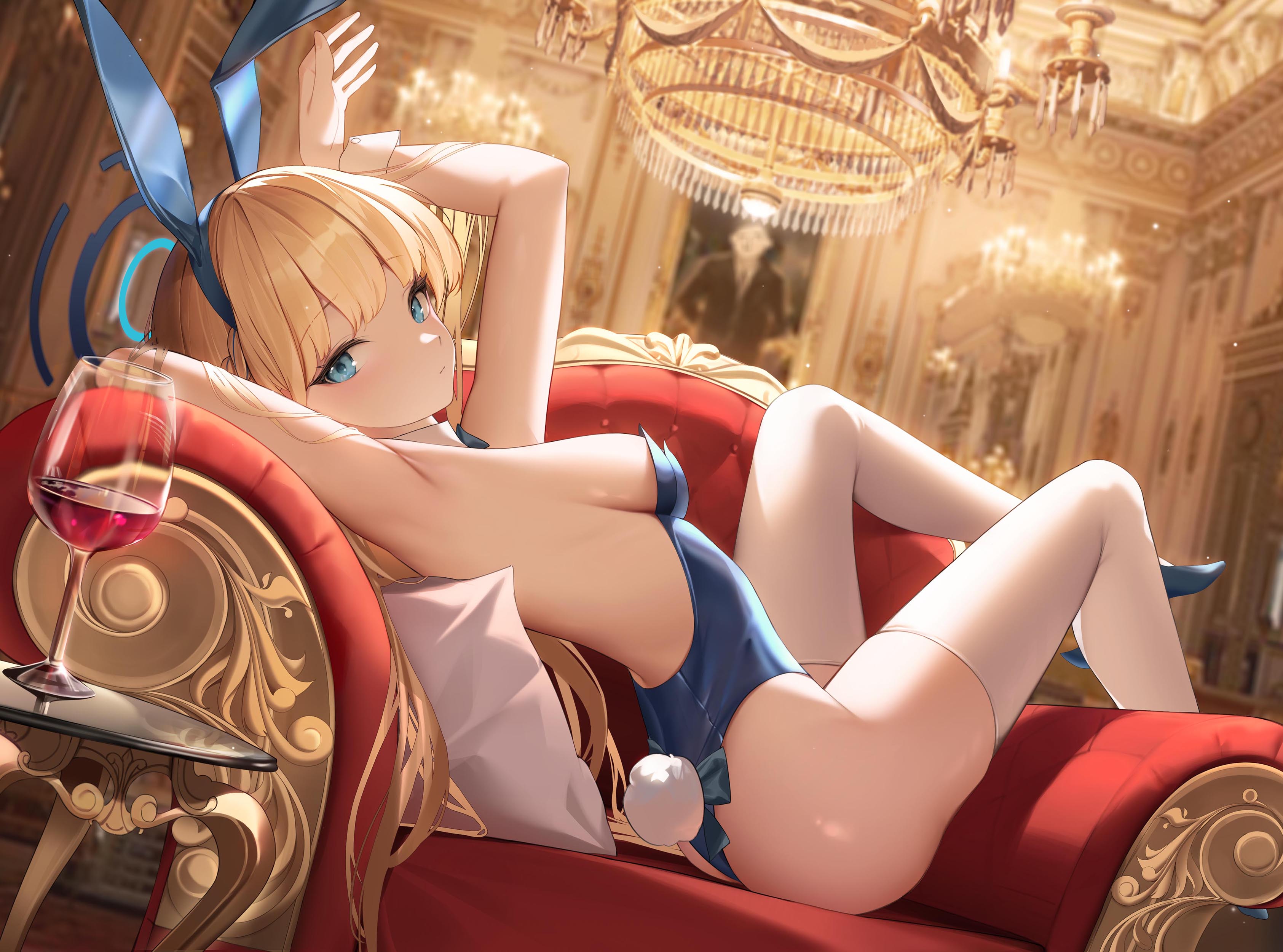 Blue Archive Anime Girls Blonde Looking At Viewer Bunny Ears Bunny Tail Lying On Back Lying Down Cou 3370x2500