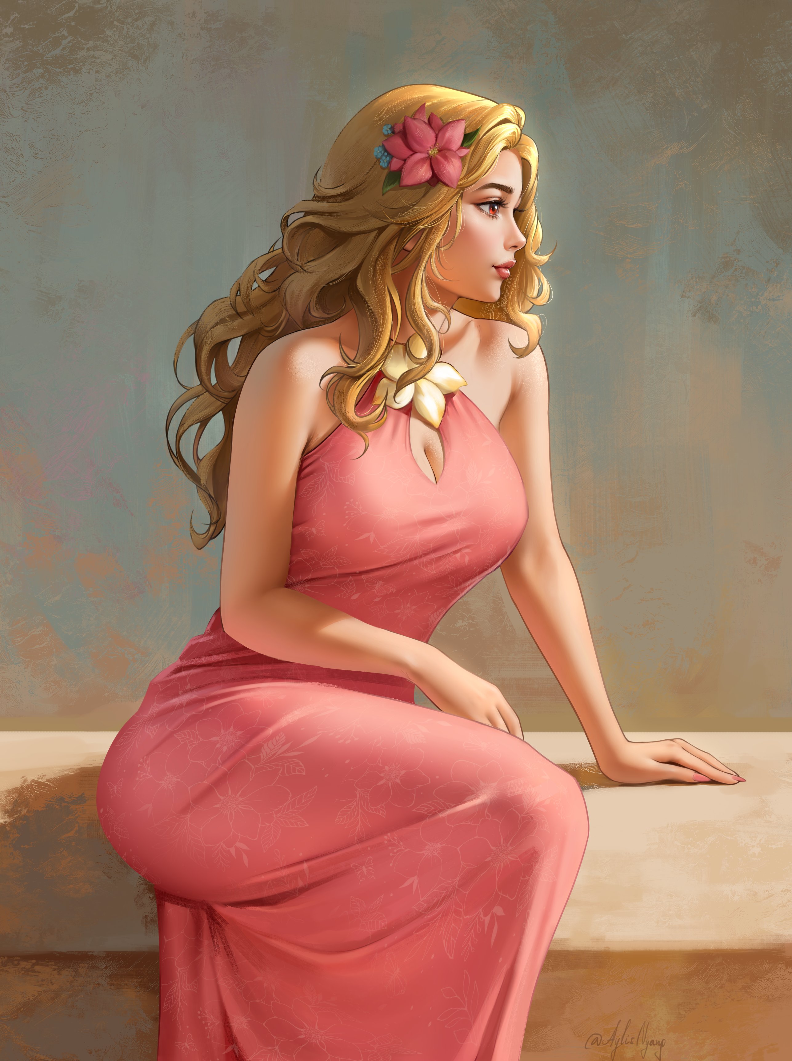 Aylis Nyang Digital Art Artwork Illustration Women Sitting Curly Hair Blonde Long Hair Looking Sidew 2574x3447