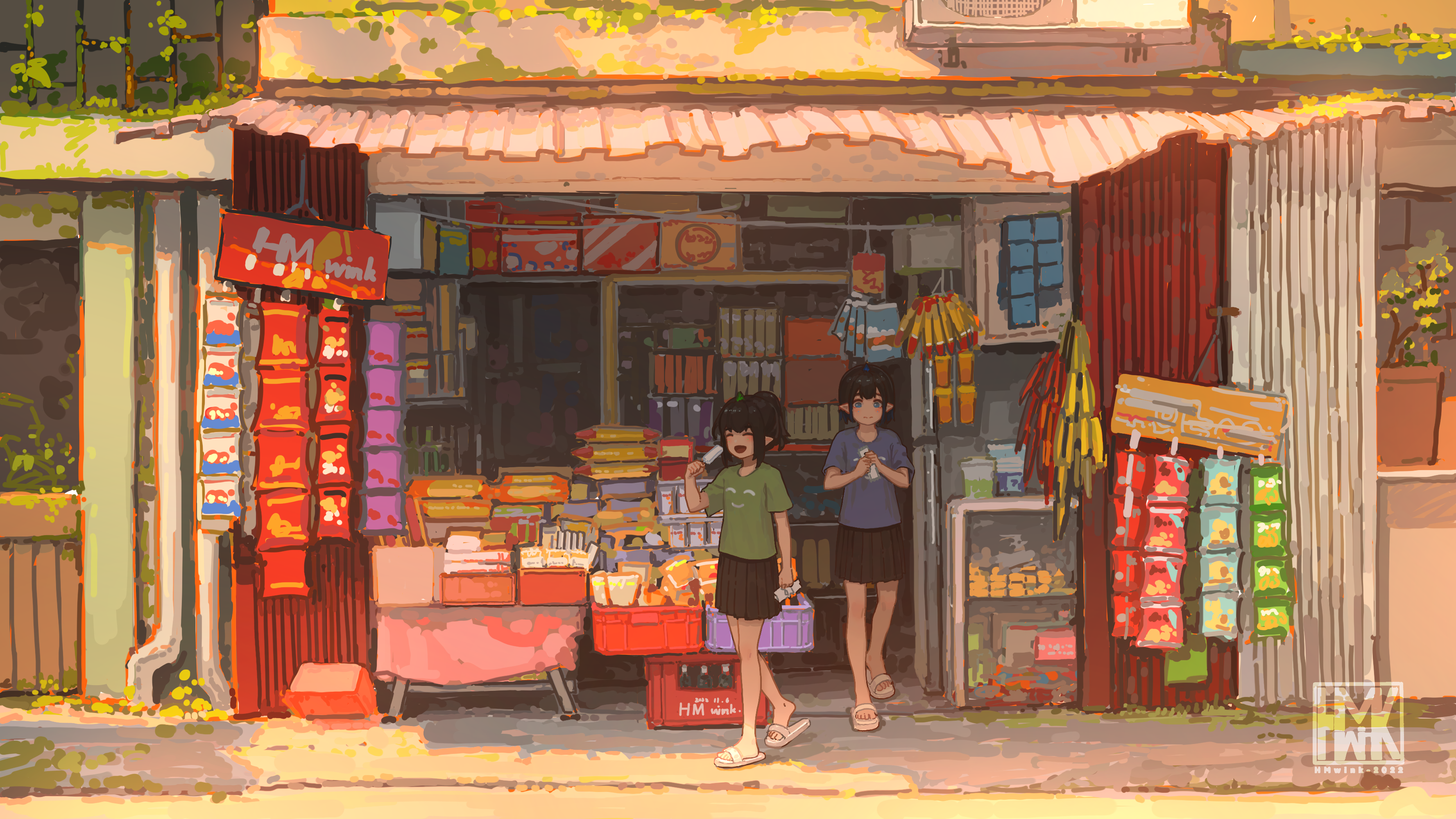 Hua Ming Wink Anime Girls Pointy Ears Closed Eyes Popsicle Walking Store Front Watermarked Digital A 3555x2000