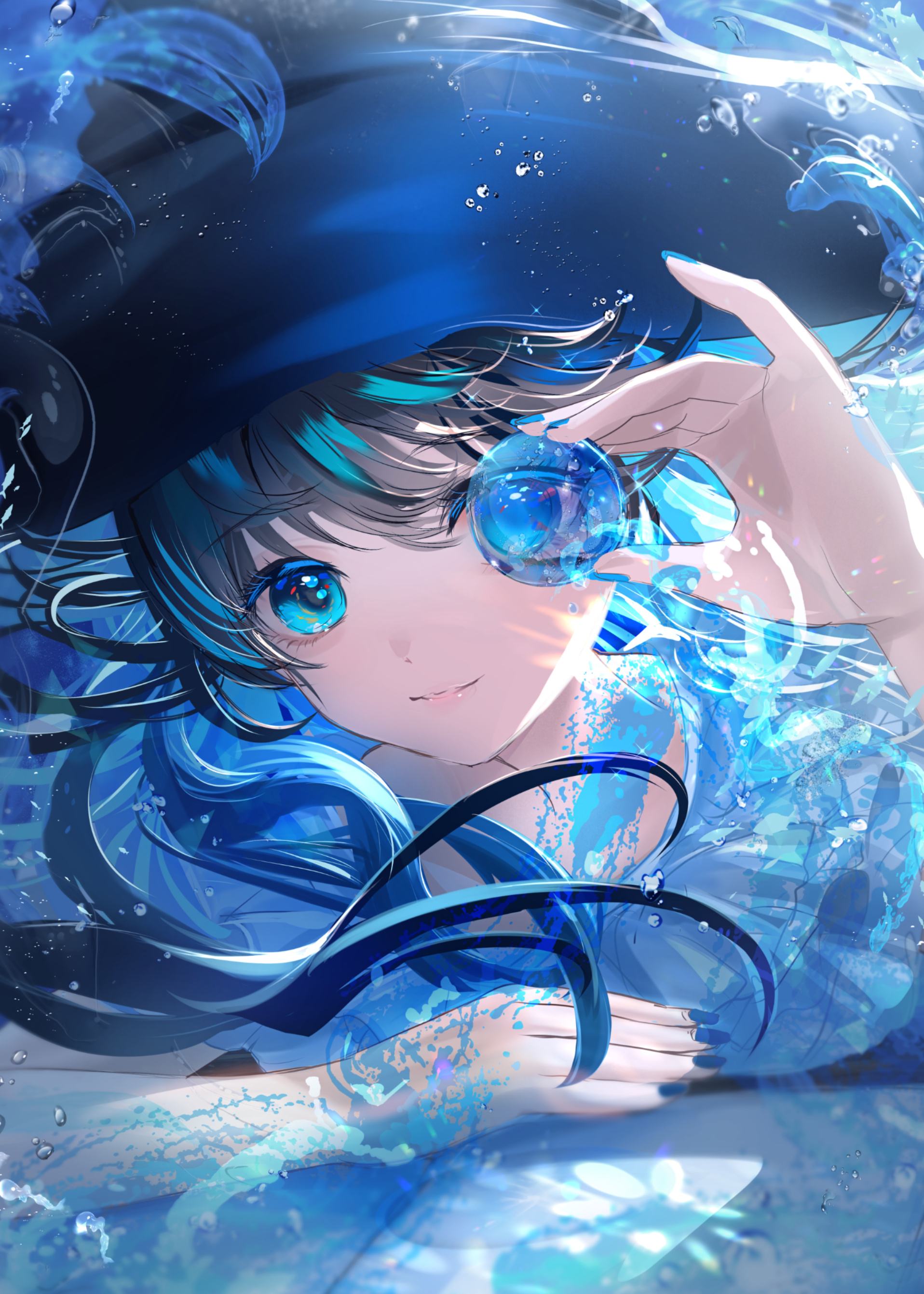 Anime Girls Anime Blue Eyes Blue Hair Portrait Display Water One Eye Obstructed Blue Looking At View 1916x2683