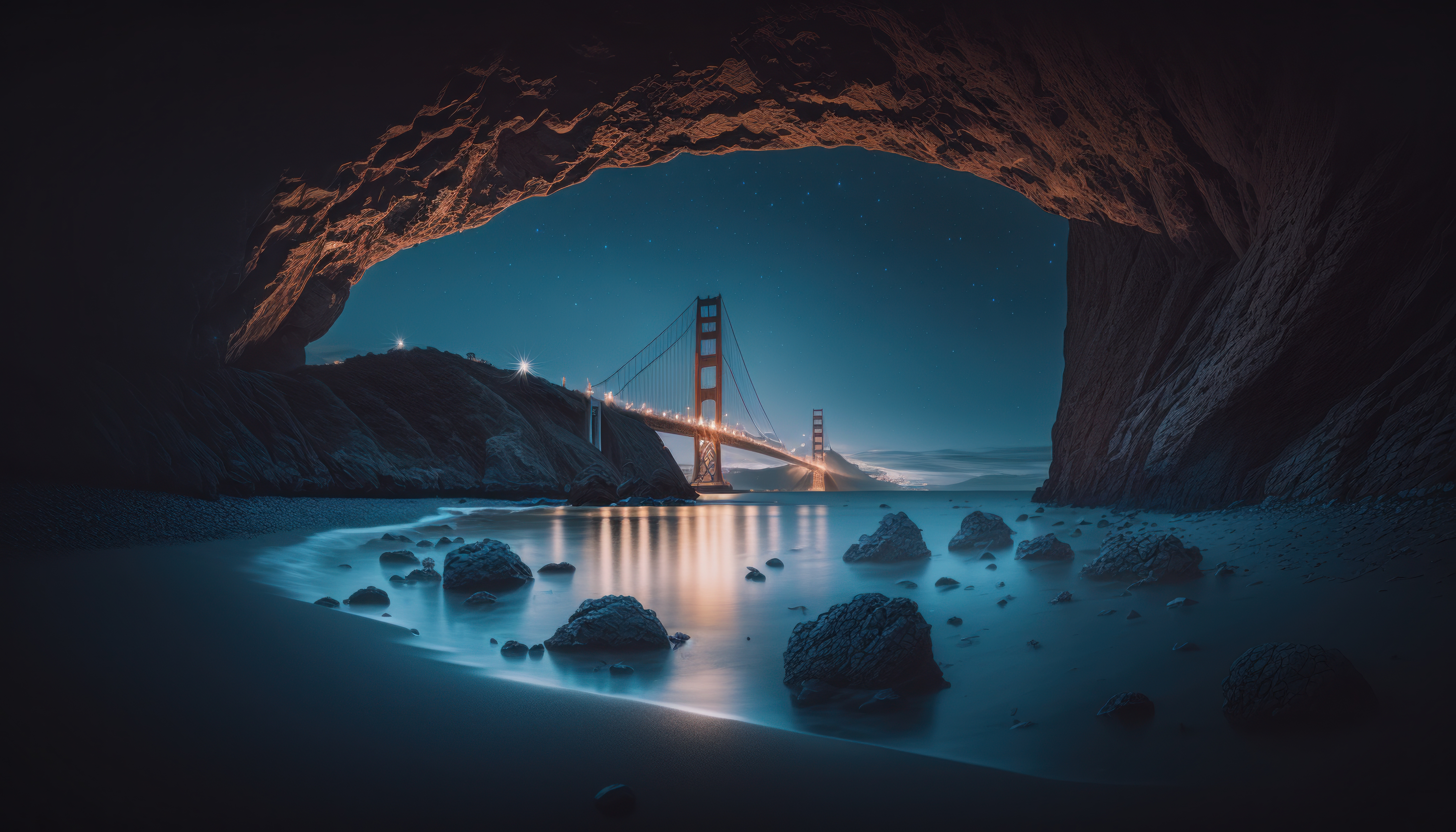 Ai Art Golden Gate Bridge Cave Blue Hour Water Bridge Night Lights 4579x2616