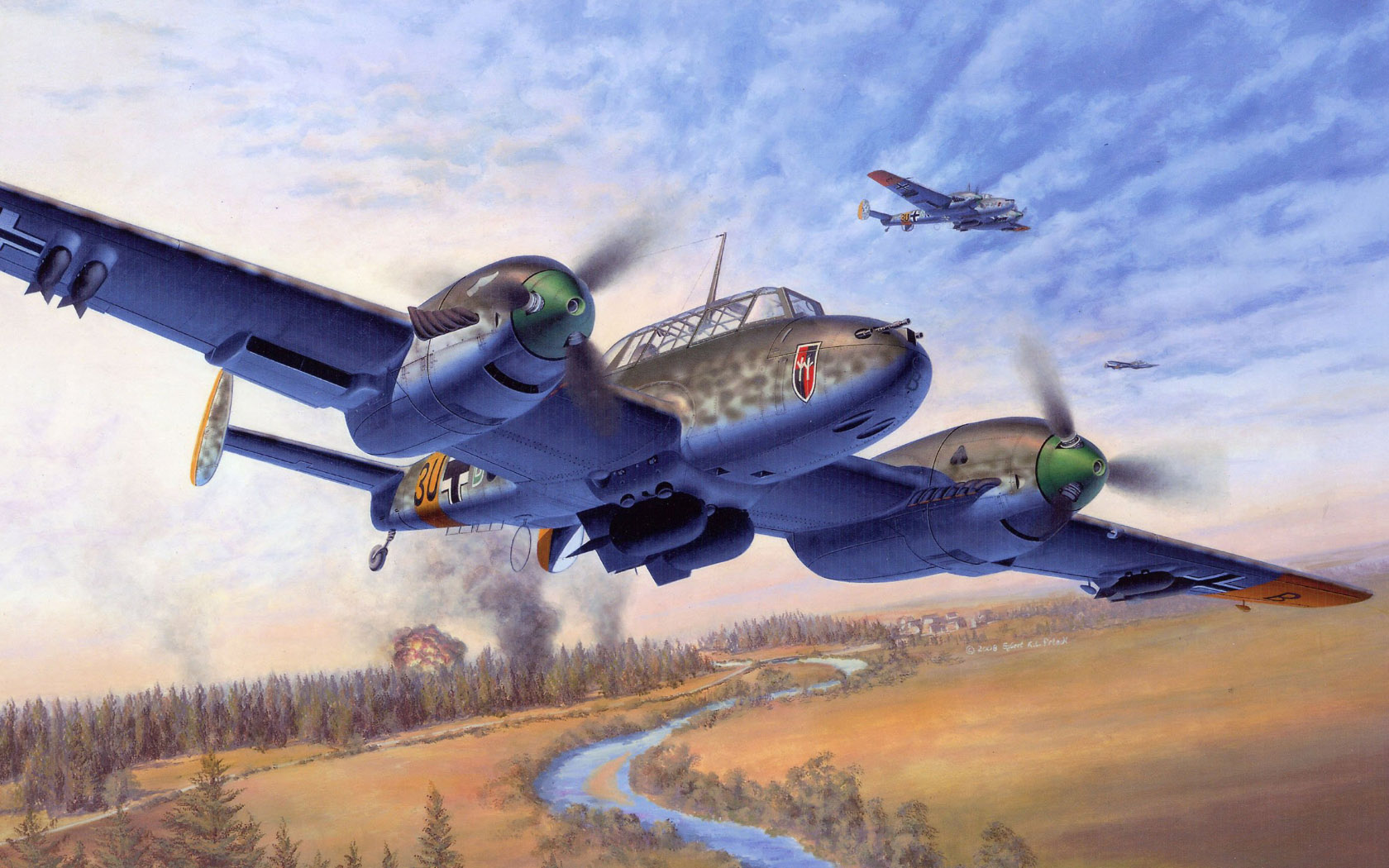 Aircraft Army Military Messerschmitt Bf 110 Military Vehicle Clouds Sky Trees River Smoke Flying Art 1680x1050