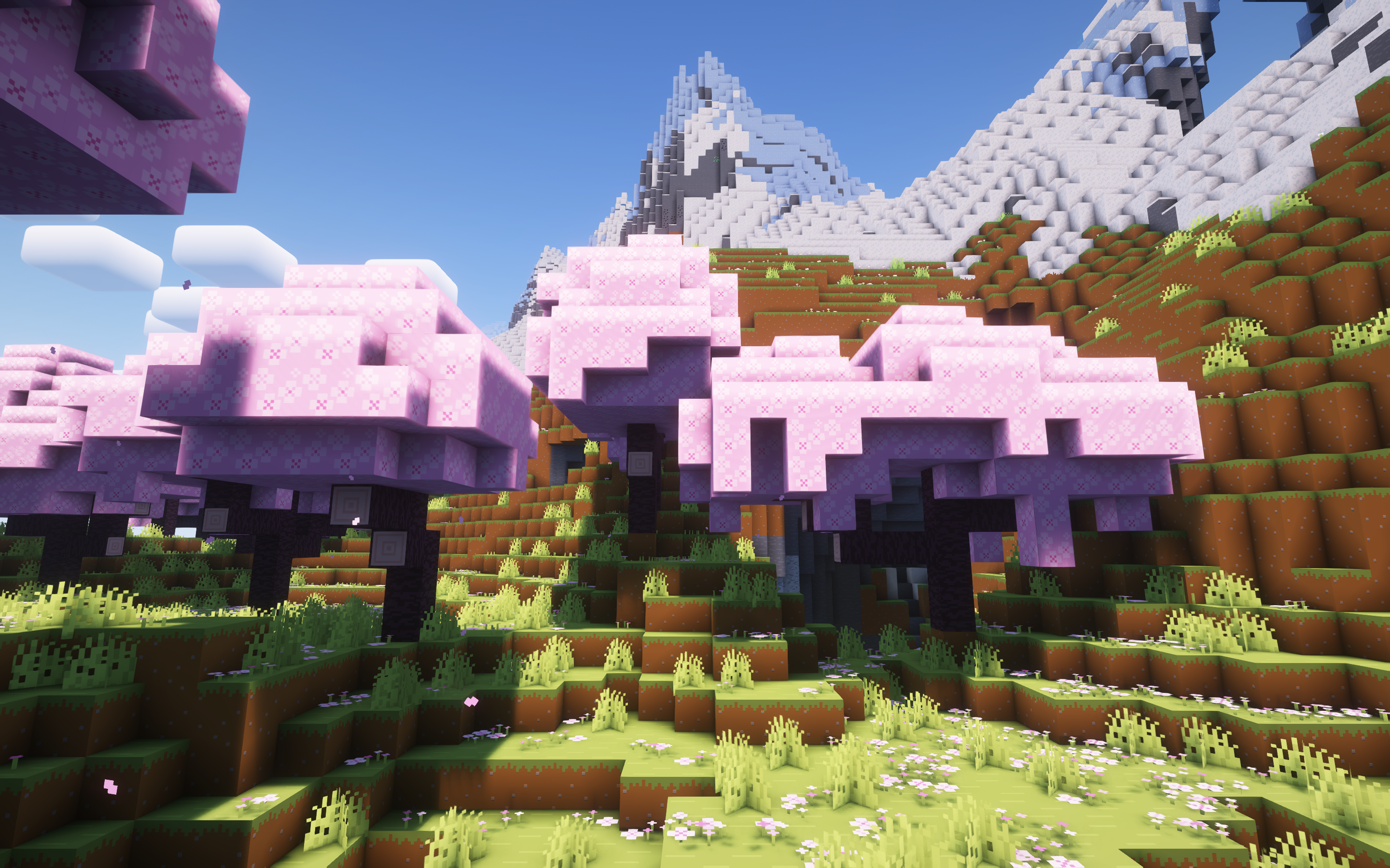 Minecraft Shaders Cube Video Games Snow Mountains Sky Clouds Flowers CGi Video Game Art 2880x1800