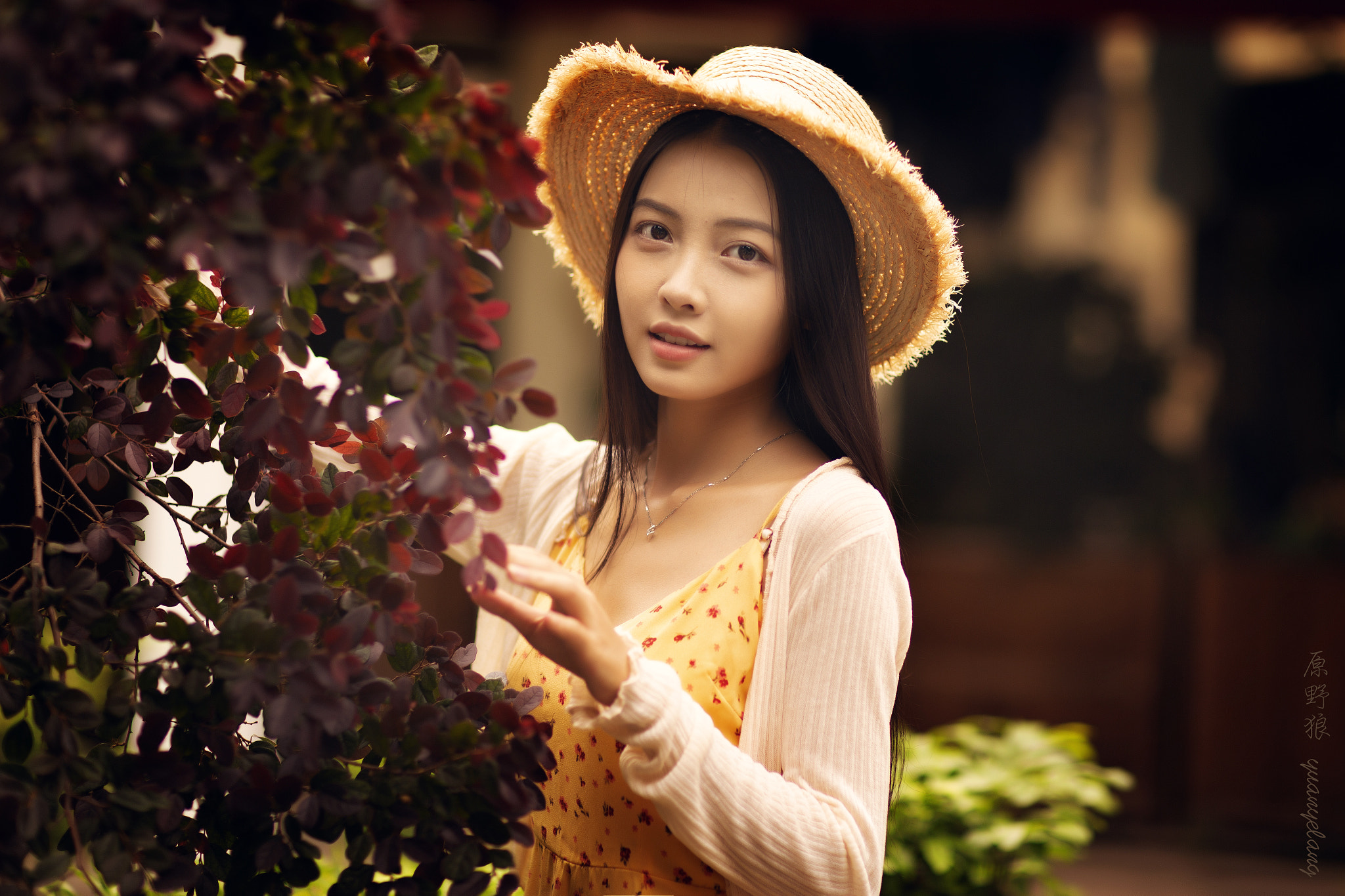 Yuan Yelang Women Asian Hat Brunette Smiling Plants Warm Casual 2048x1366