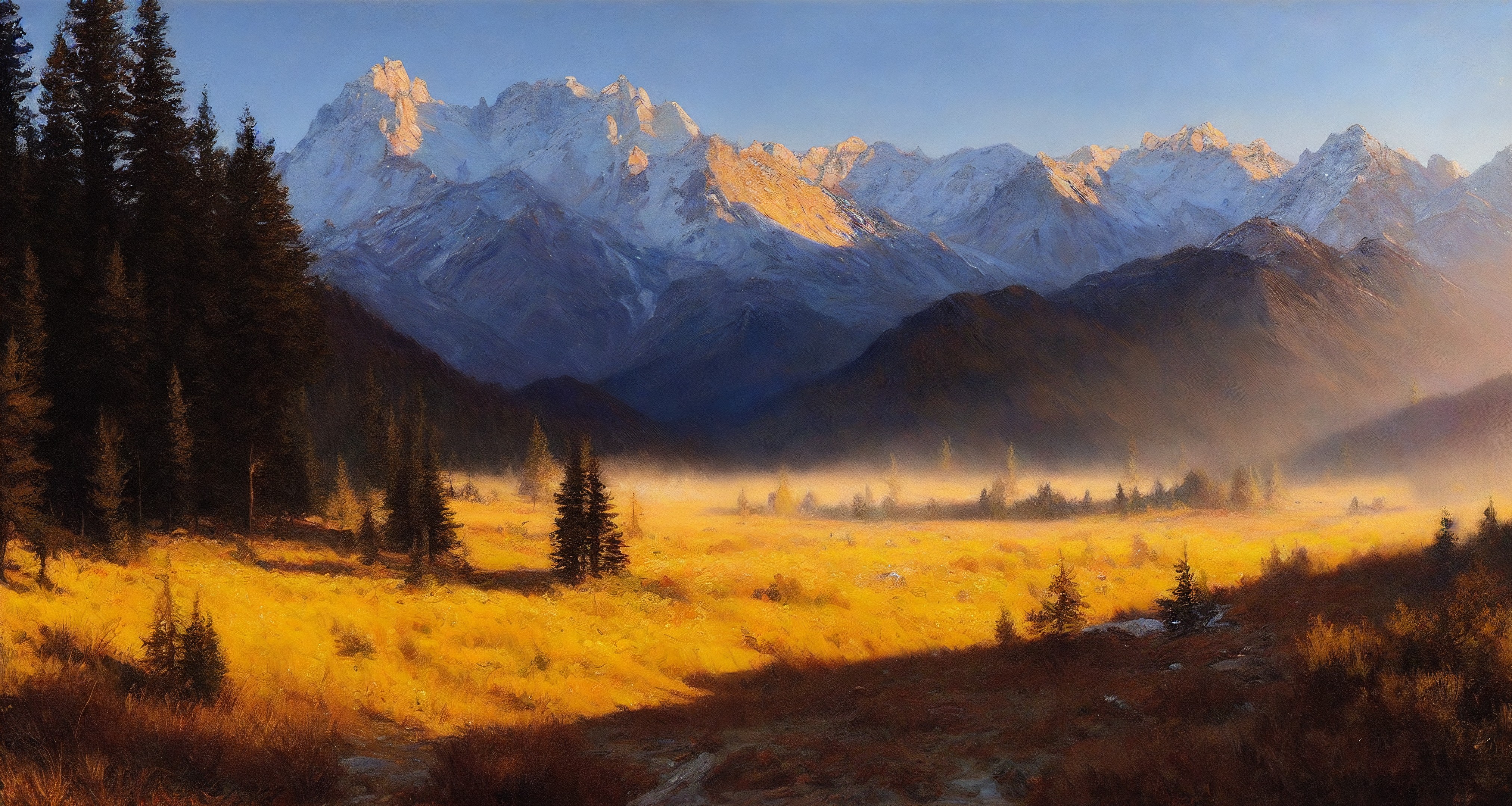 Ai Generated Ai Ai Art Landscape Golden Hour Mountains Painting Trees 4050x2160