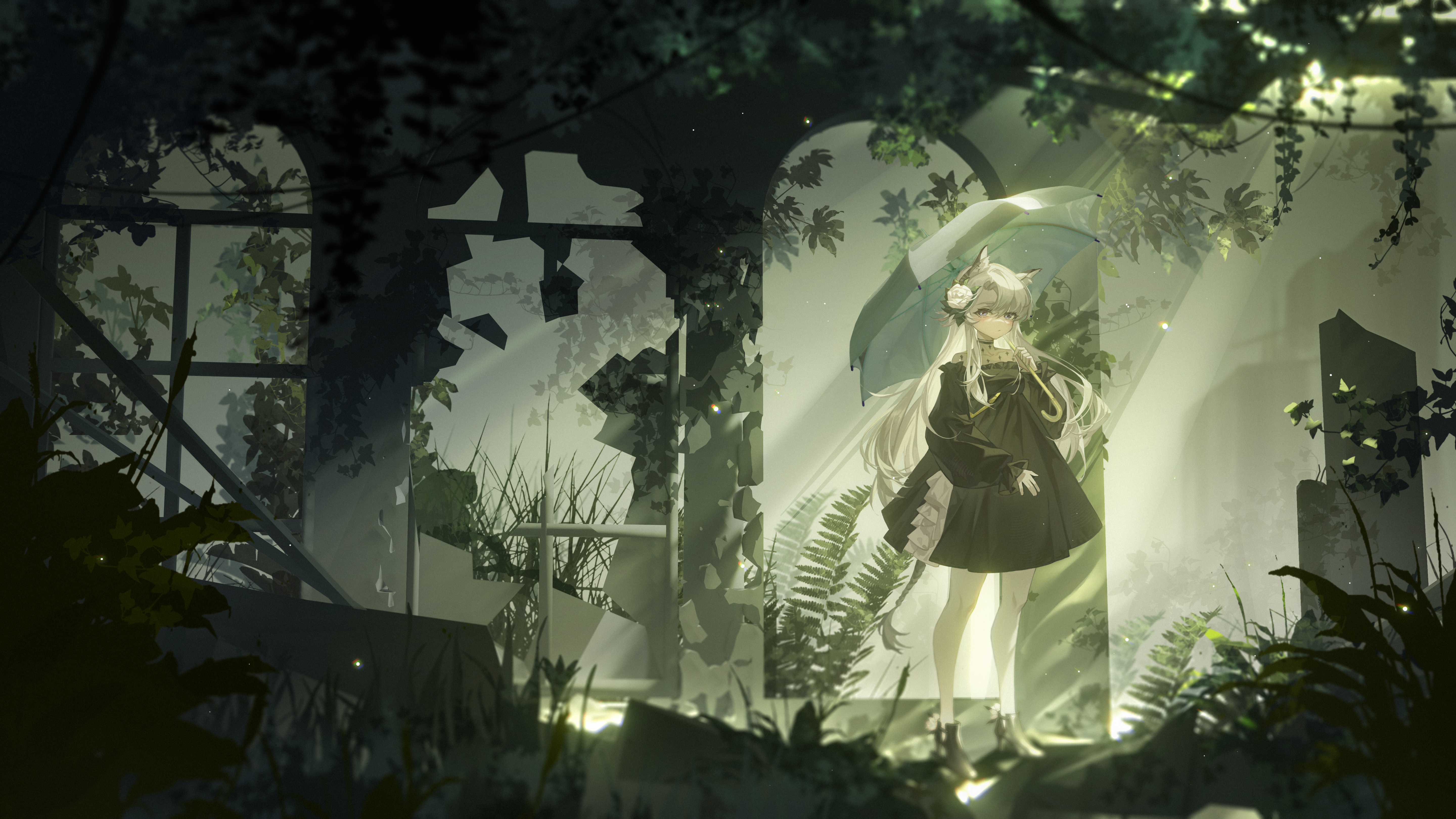 Anime Anime Girls Umbrella Standing Leaves Looking At Viewer Flower In Hair Long Hair Cat Girl Cat E 5760x3240