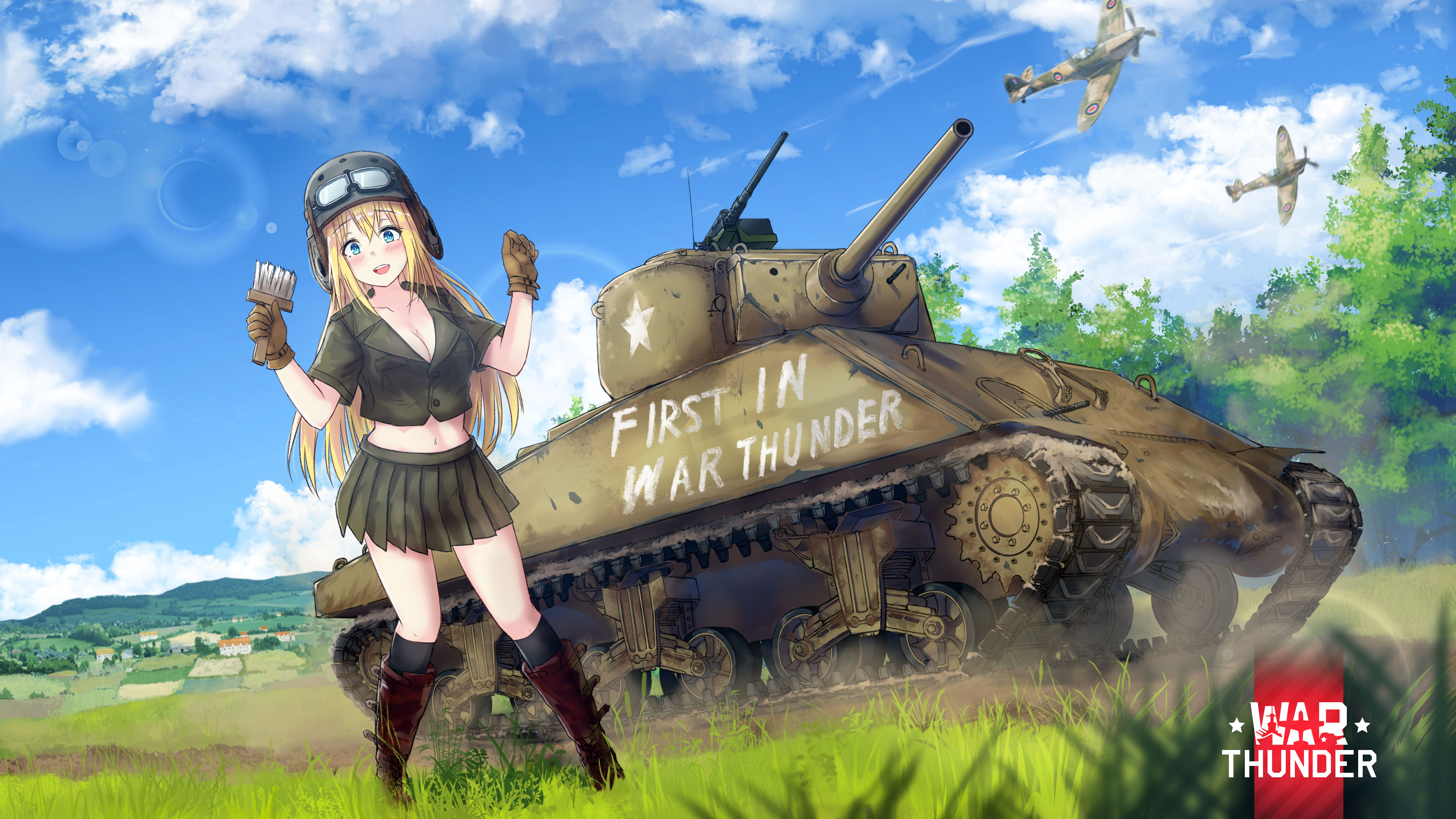 Anime Girls M4 Sherman Tank Field Military Hat Military Uniform Blonde Blue Eyes Leather Boots War T 3840x2160