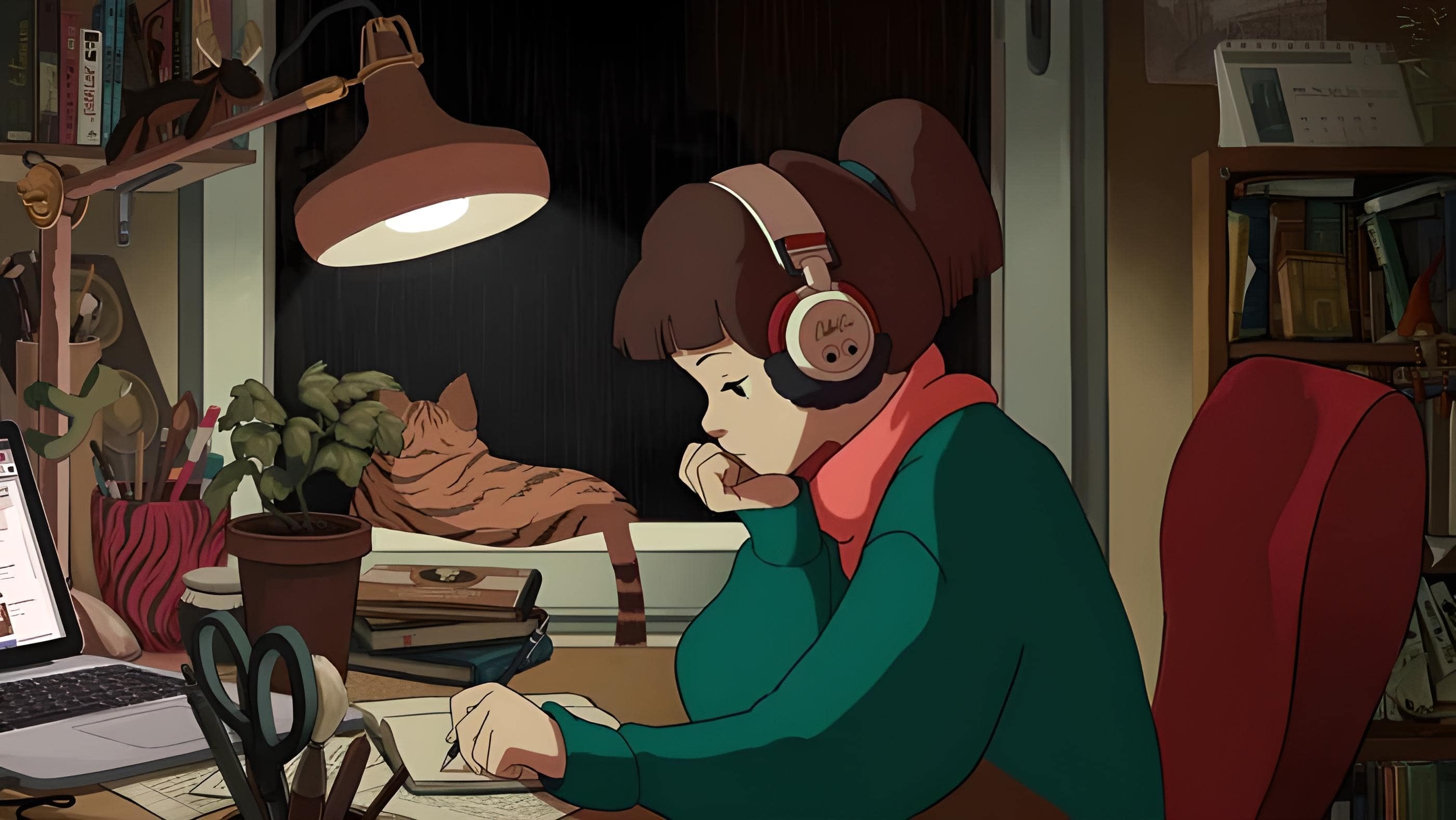 Anime Girls Headphones Juan Pablo Machado Profile Cats Rain Writing LofiGirl Sitting Laptop Lamp Ani 2800x1576
