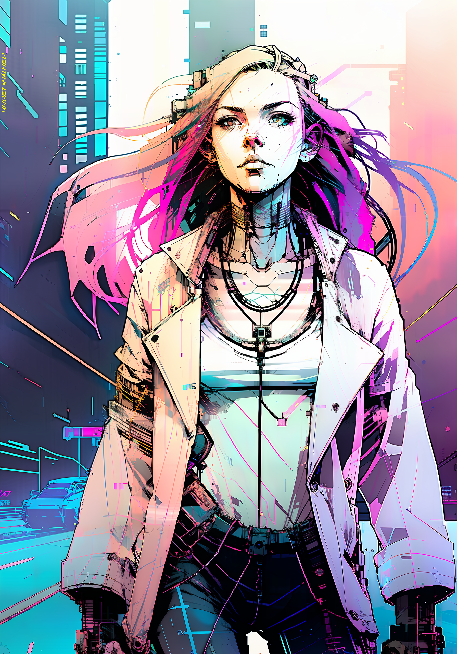 Inkpunk Cyberpunk Pink Hair Pink Jacket Ai Art Heterochromia Fantasy Girl Fantasy Art 1792x2560