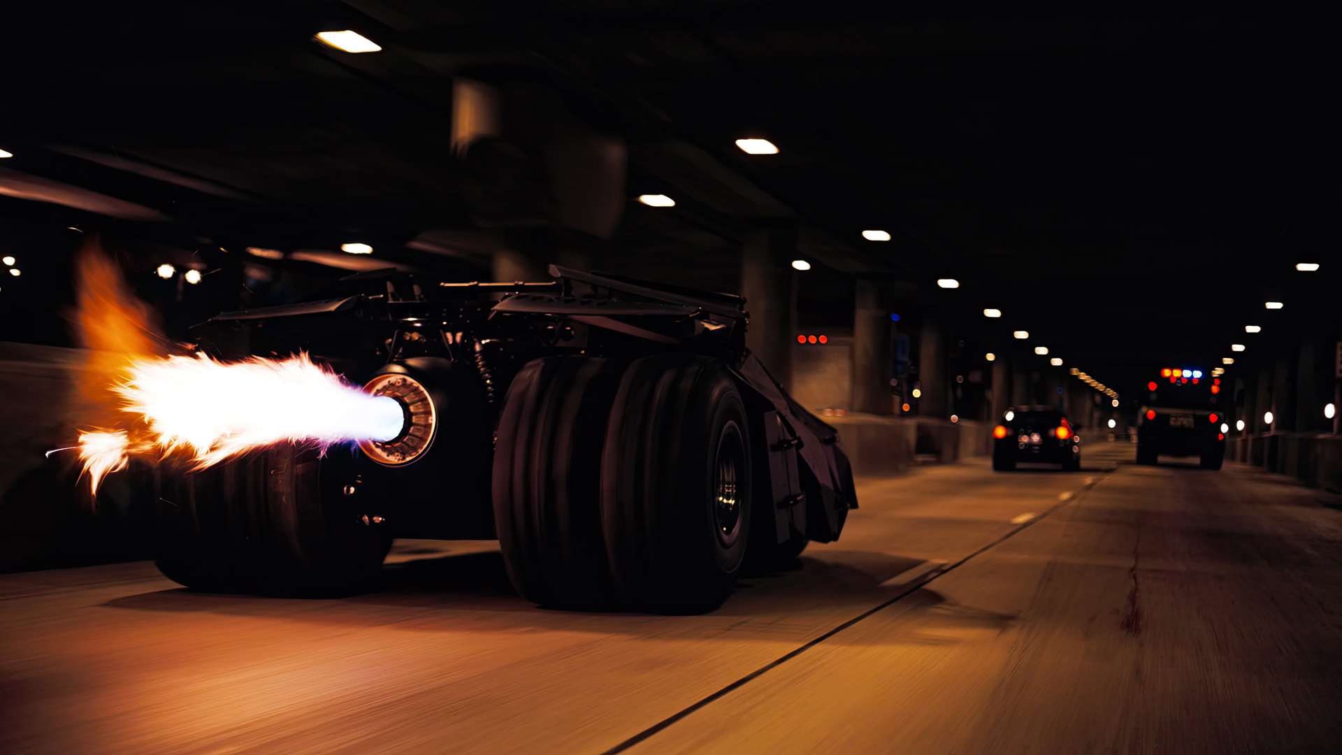 The Dark Knight Batmobile Tunnel Movies Film Stills Gotham City Turbines Car Rear View Taillights 1920x1080
