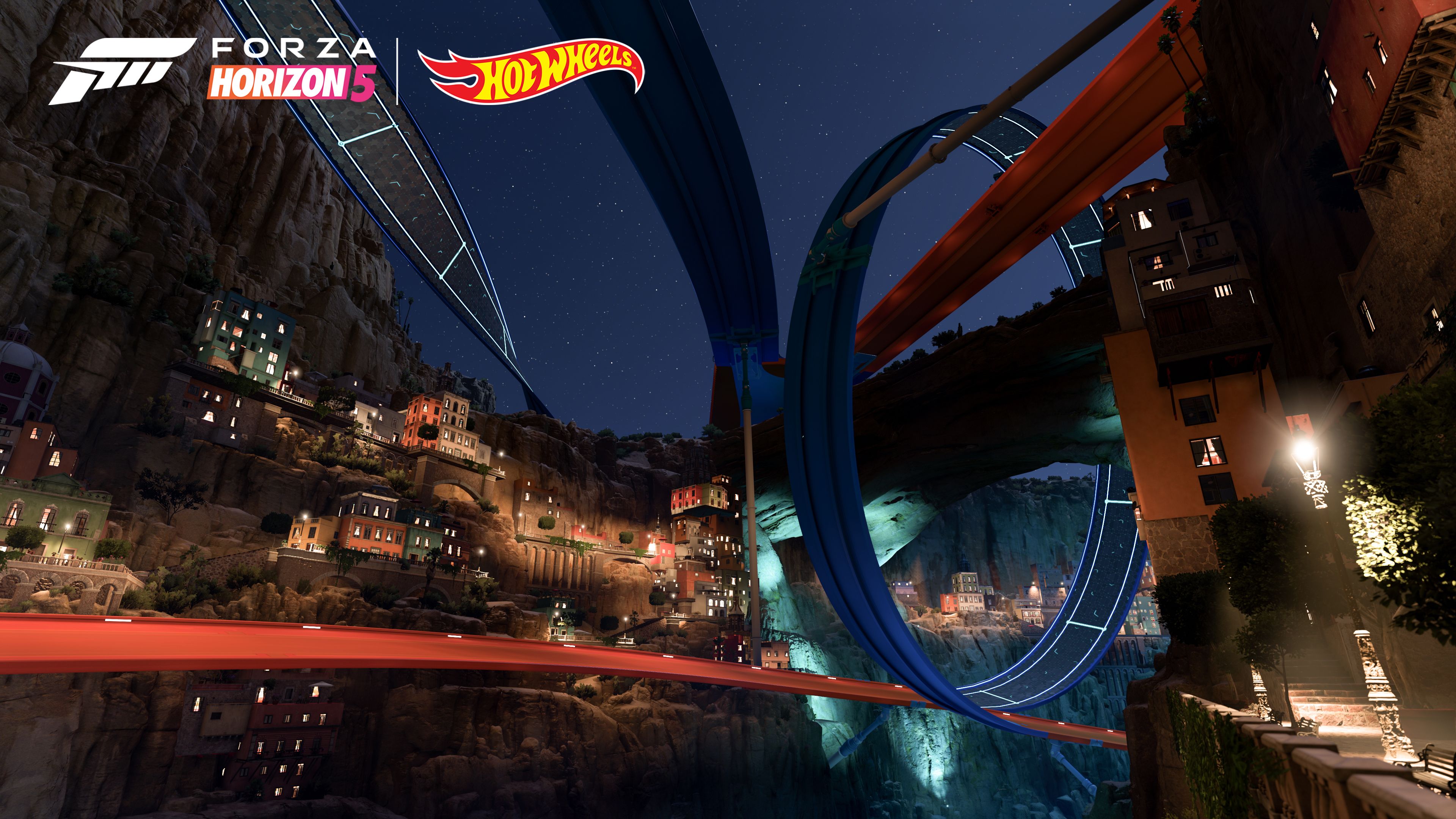 Forza Horizon 5 Hot Wheels Video Games Watermarked Race Tracks CGi Logo Lights Building 3840x2160