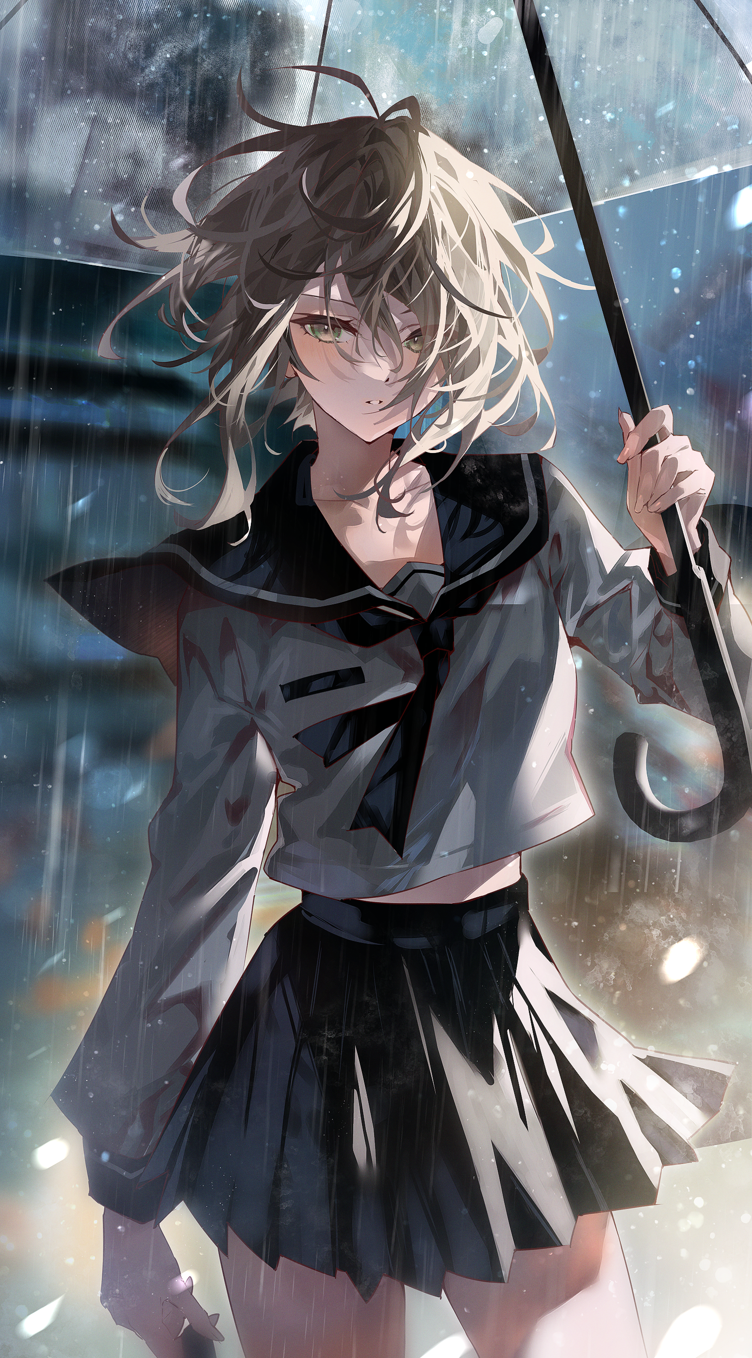 Anime Anime Girls Umbrella Rain School Uniform Schoolgirl 1550x2800