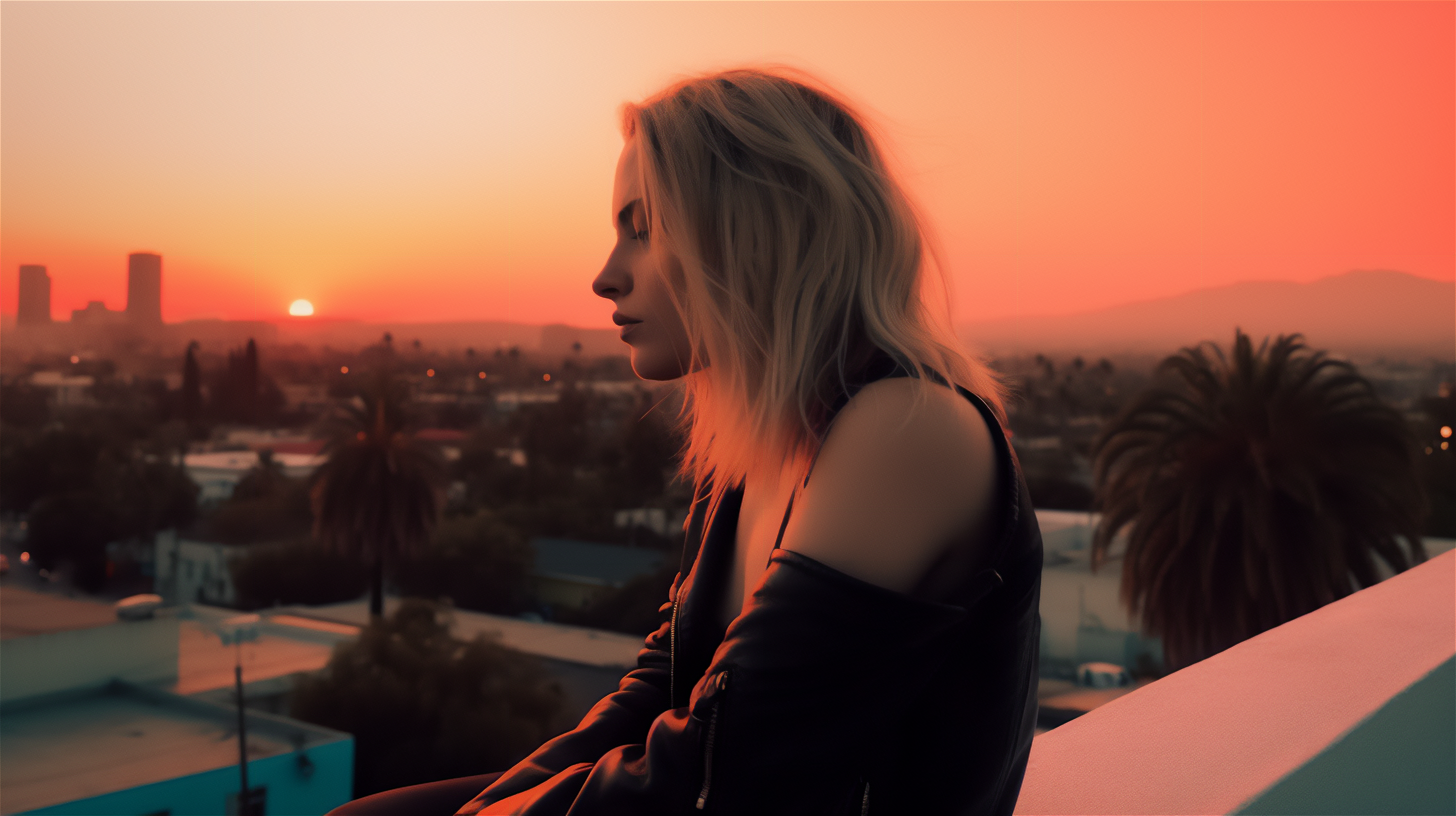 Ai Art Women Blonde Rooftops Sunset California Sunset Glow Sun 2912x1632