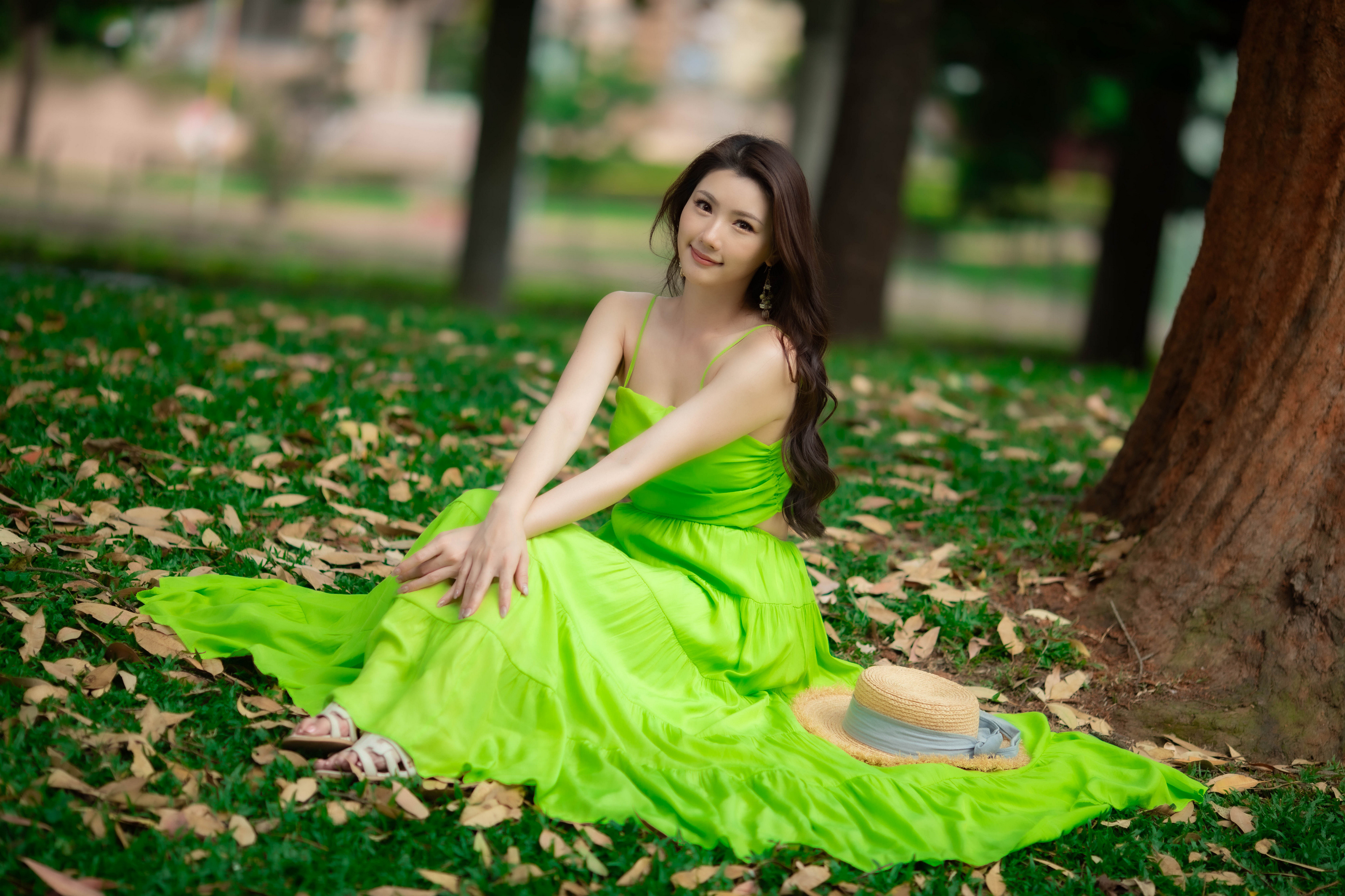 Asian Model Women Long Hair Dark Hair Sitting Green Dress Depth Of Field Trees Leaves Grass Barefoot 3840x2560