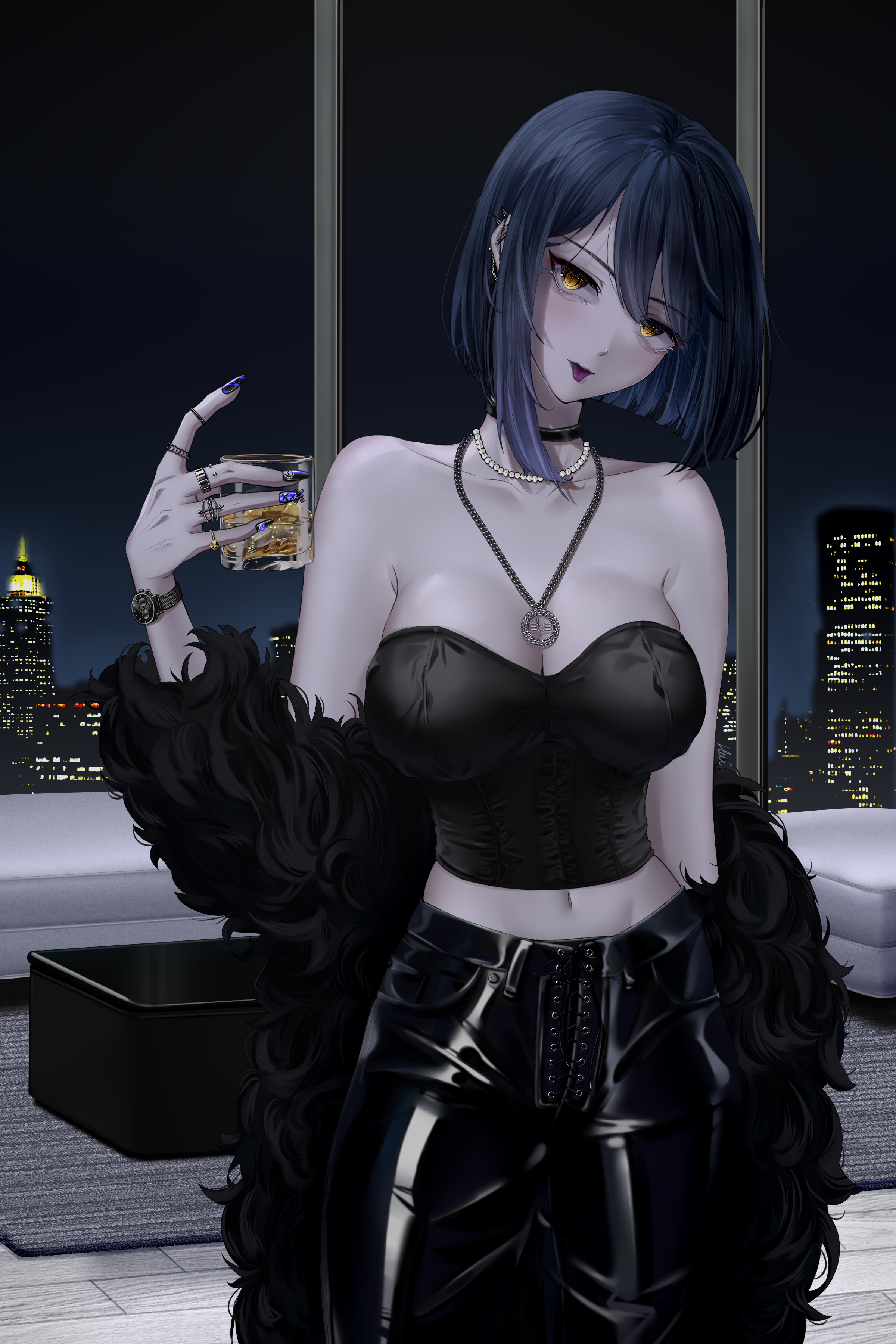 Strapless Bras Anime Girls Vertical Necklace Pearls Drink Alcohol Tongue Out City Lights City 2400x3600