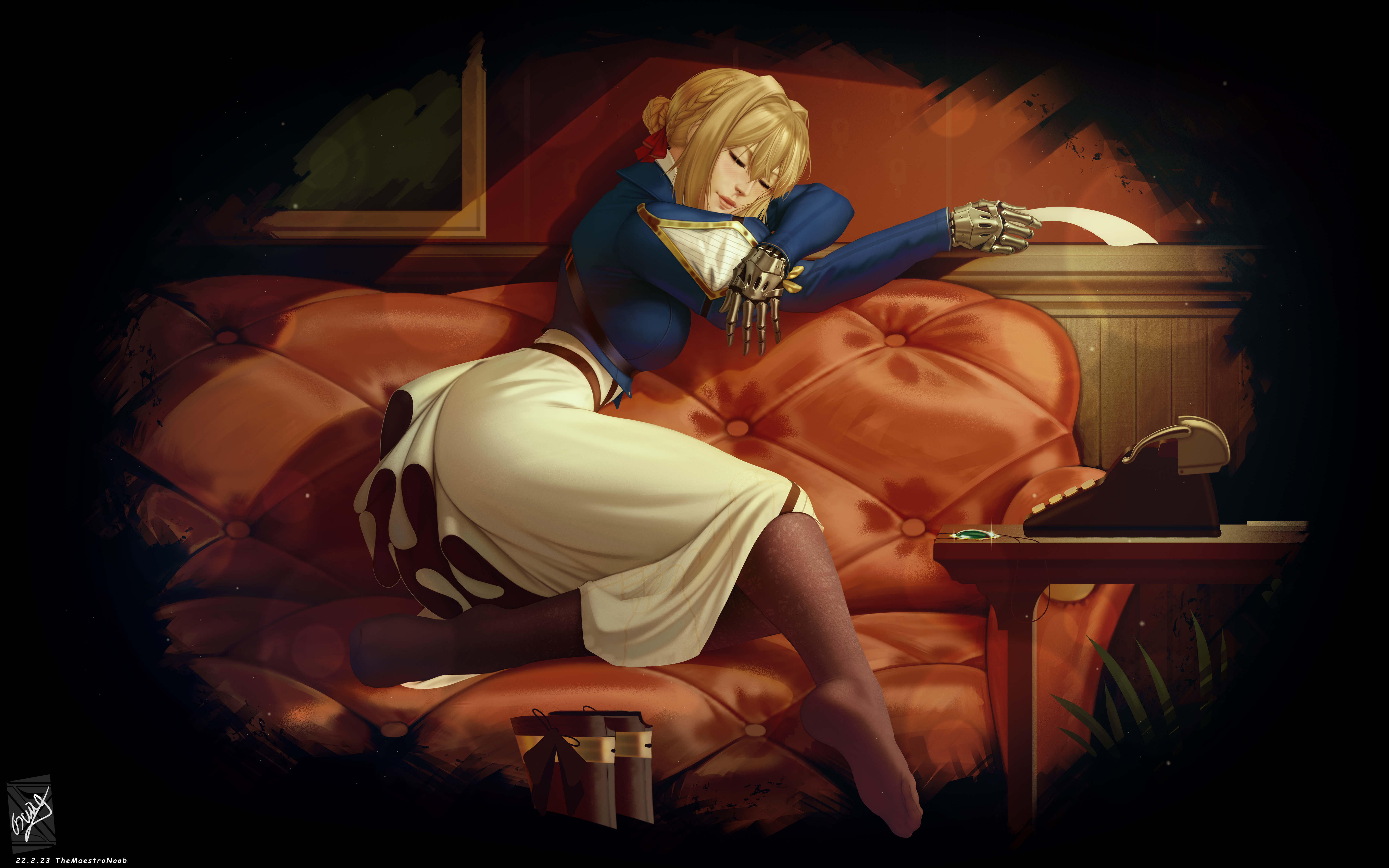 Violet Evergarden Anime Anime Girls 2D Artwork Drawing Fan Art TheMaestroNoob Closed Eyes Couch Type 6000x3750